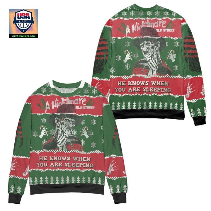 Nightmare On Elm Street He Knows Ugly Christmas Sweater Green Red