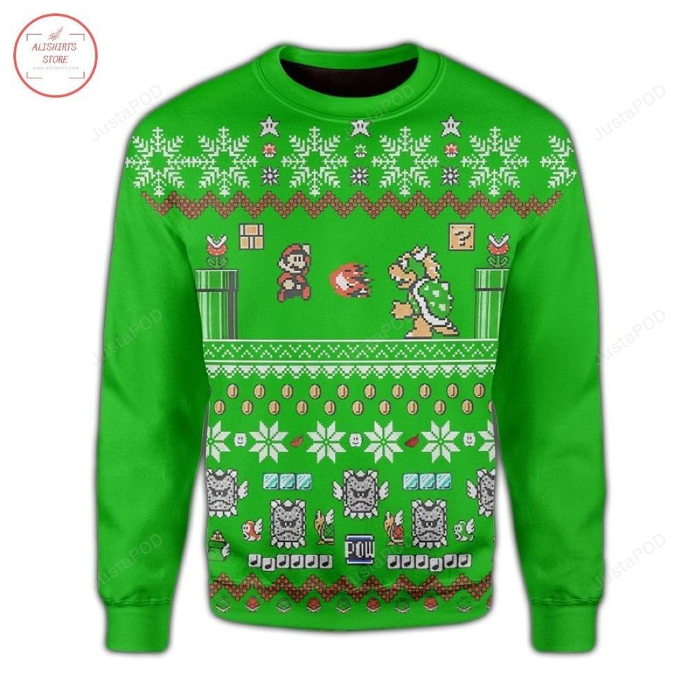 Nintendo Super Mario Christmas Green For Mario Lovers Ugly Christmas Sweater, Perfect Holiday Gift
