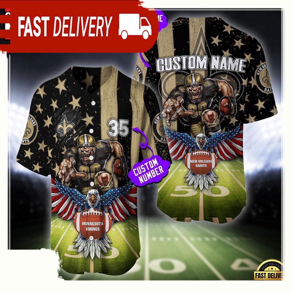 NLF Personalized Name & Number New Orleans Saints Mascot Us Flag Baseball Jersey Shirt