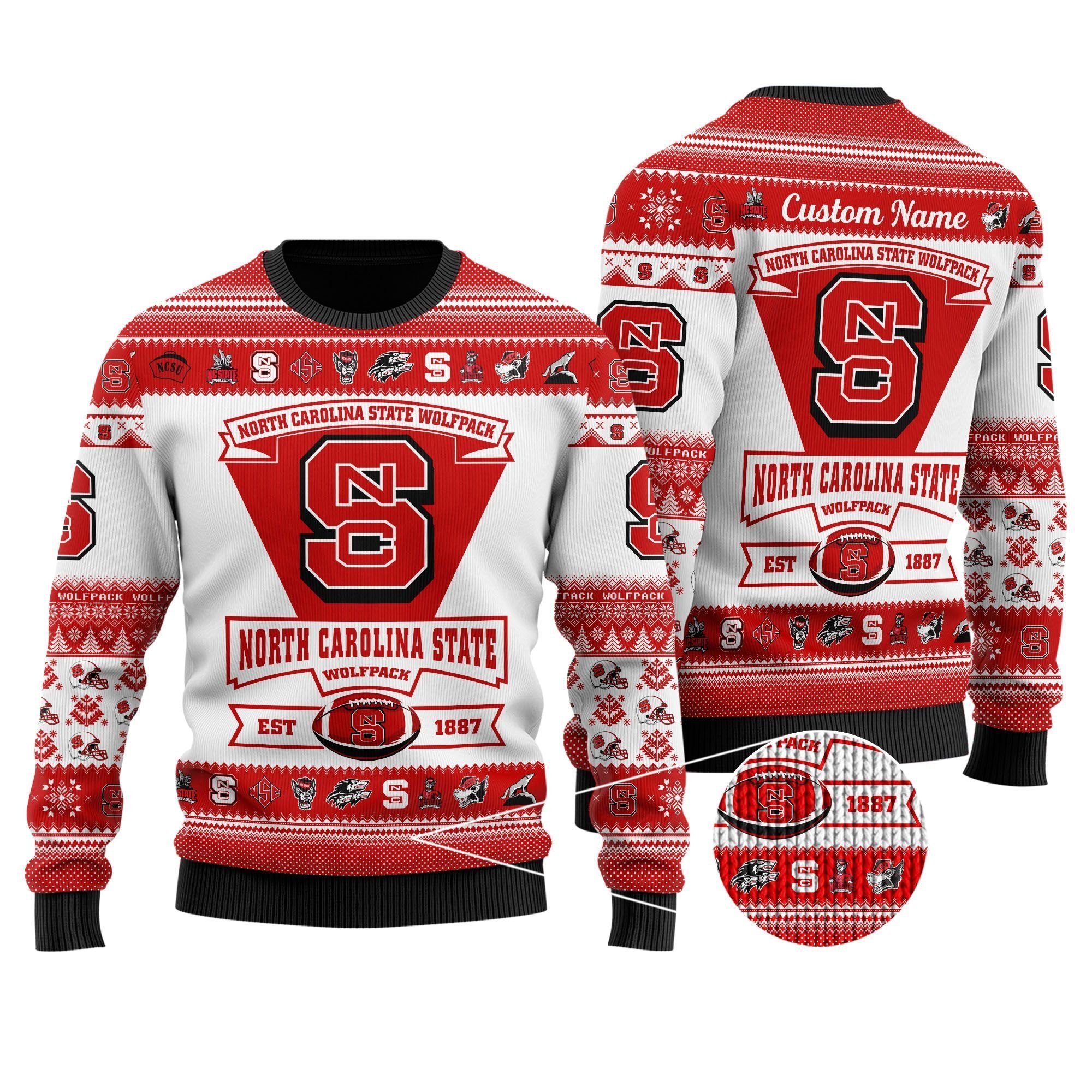 North Carolina State Wolfpack Football Team Logo Custom Name Personalized Ugly Christmas Sweater Holiday Party Men Women Plus Size