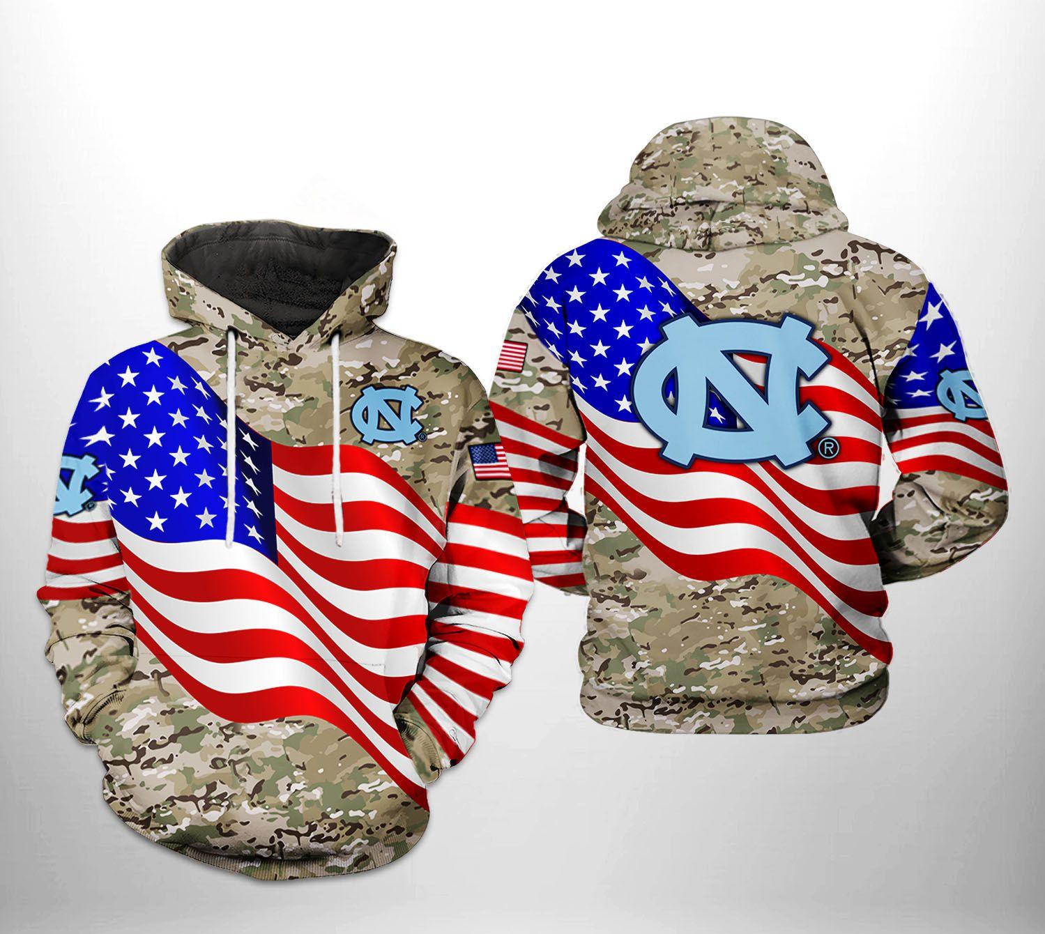 North Carolina Tar Heels NCAA US Flag Camo Veteran 3D All Over Print Hoodie & Zip Hoodie