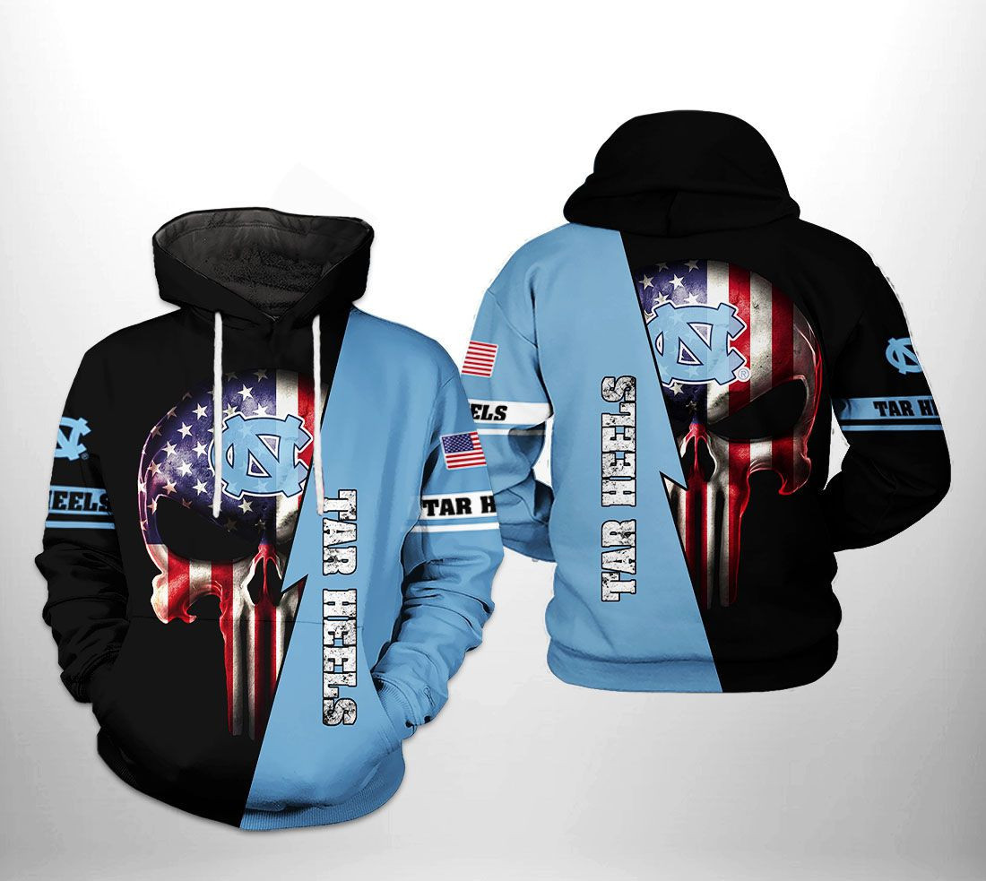North Carolina Tar Heels NCAA US Flag Skull 3D All Over Print Hoodie & Zip Hoodie