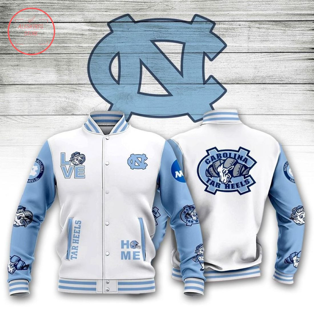 North Carolina Tar Heels White Blue Varsity Baseball Jacket for Men & Women | NCAA Team Fan Gift