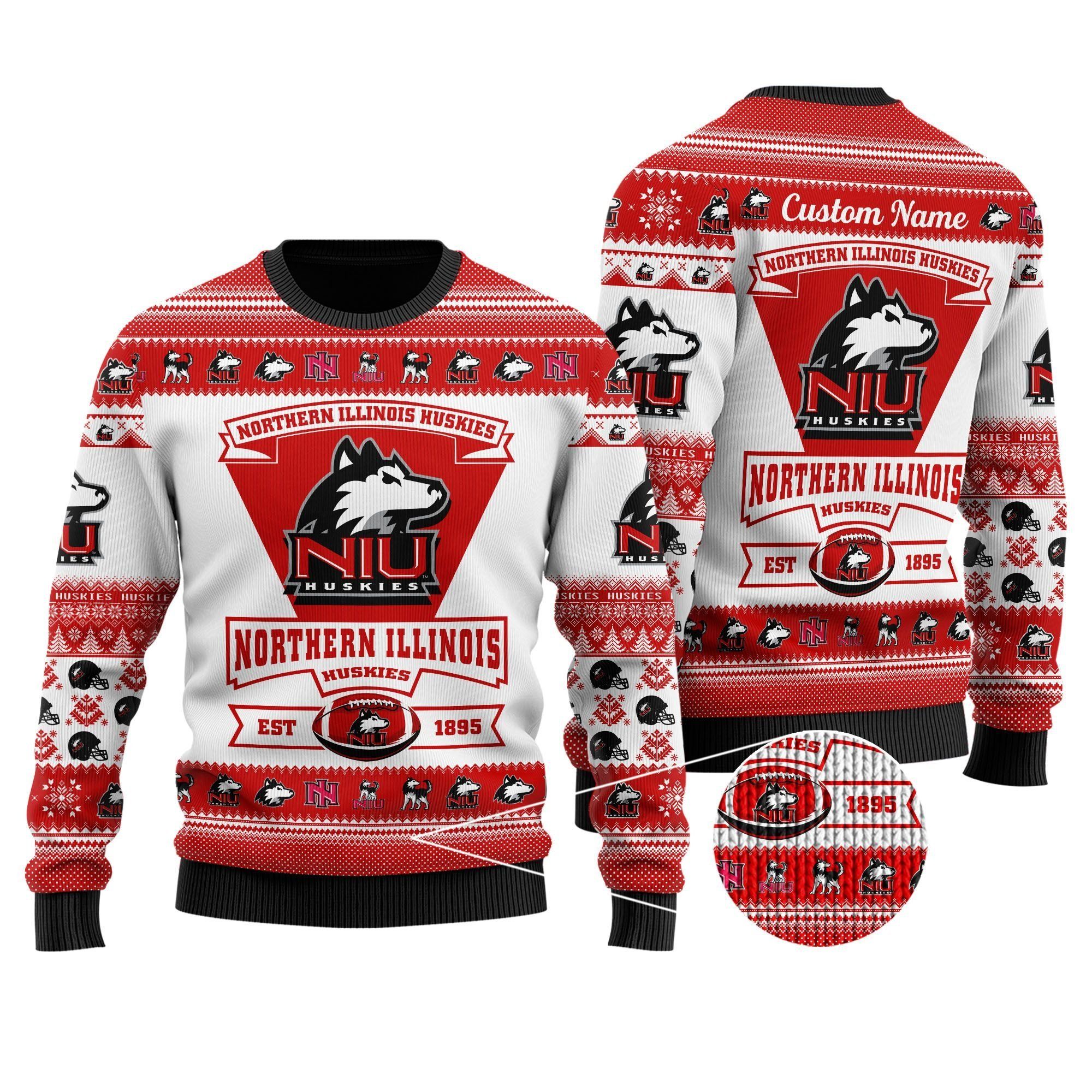 Northern Illinois Huskies Football Team Logo Custom Name Personalized Ugly Christmas Sweater Holiday Party Men Women Plus Size