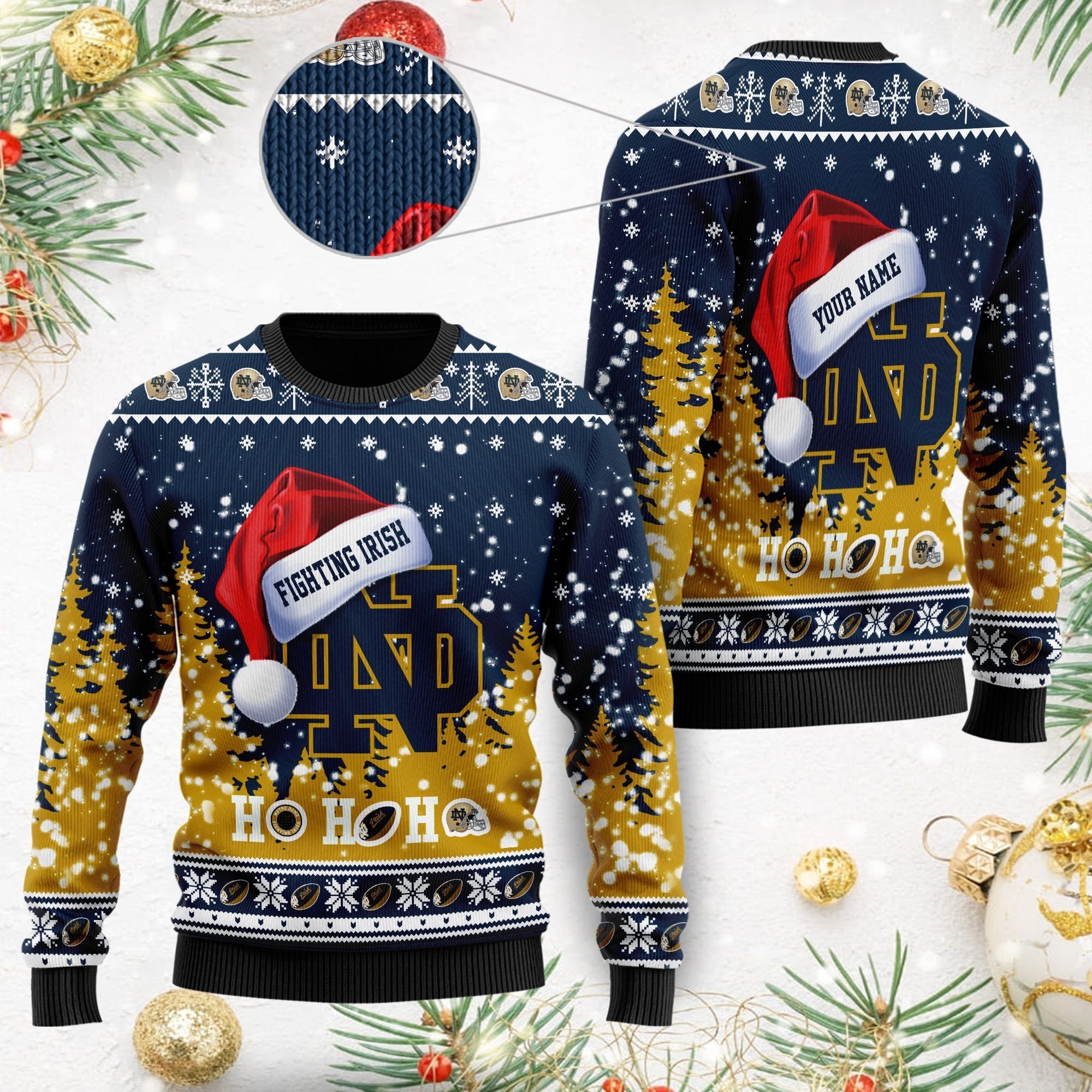 Notre Dame Fighting Irish NCAA Symbol Wearing Santa Claus Hat Cute Pattern Ho Ho Ho Custom Personalized Ugly Christmas Sweater For Football Fans On Xmas Party