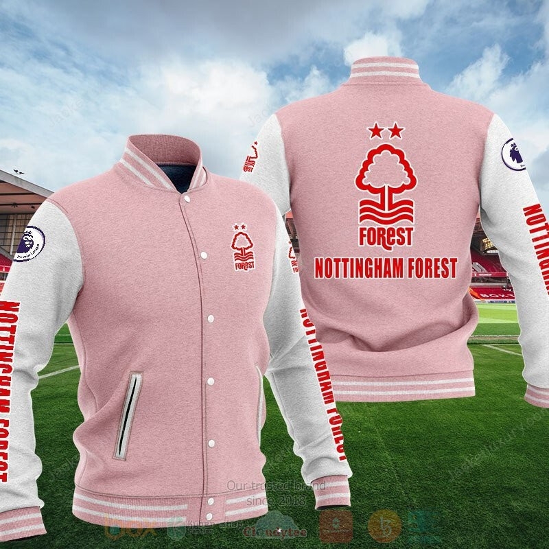 Nottingham Forest Pink Grey Varsity Baseball Jacket for Men & Women | Soccer Team Fan Gift