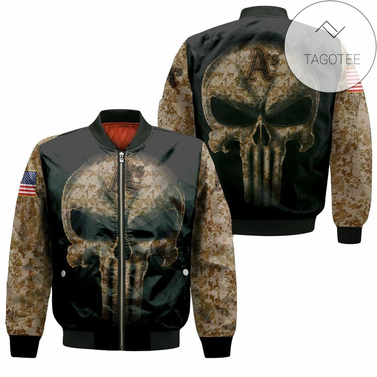 Oakland Athletics Camouflage Skull American Flag Bomber Jacket | MLB Team Jacket for Men & Women | Baseball Fan Gift