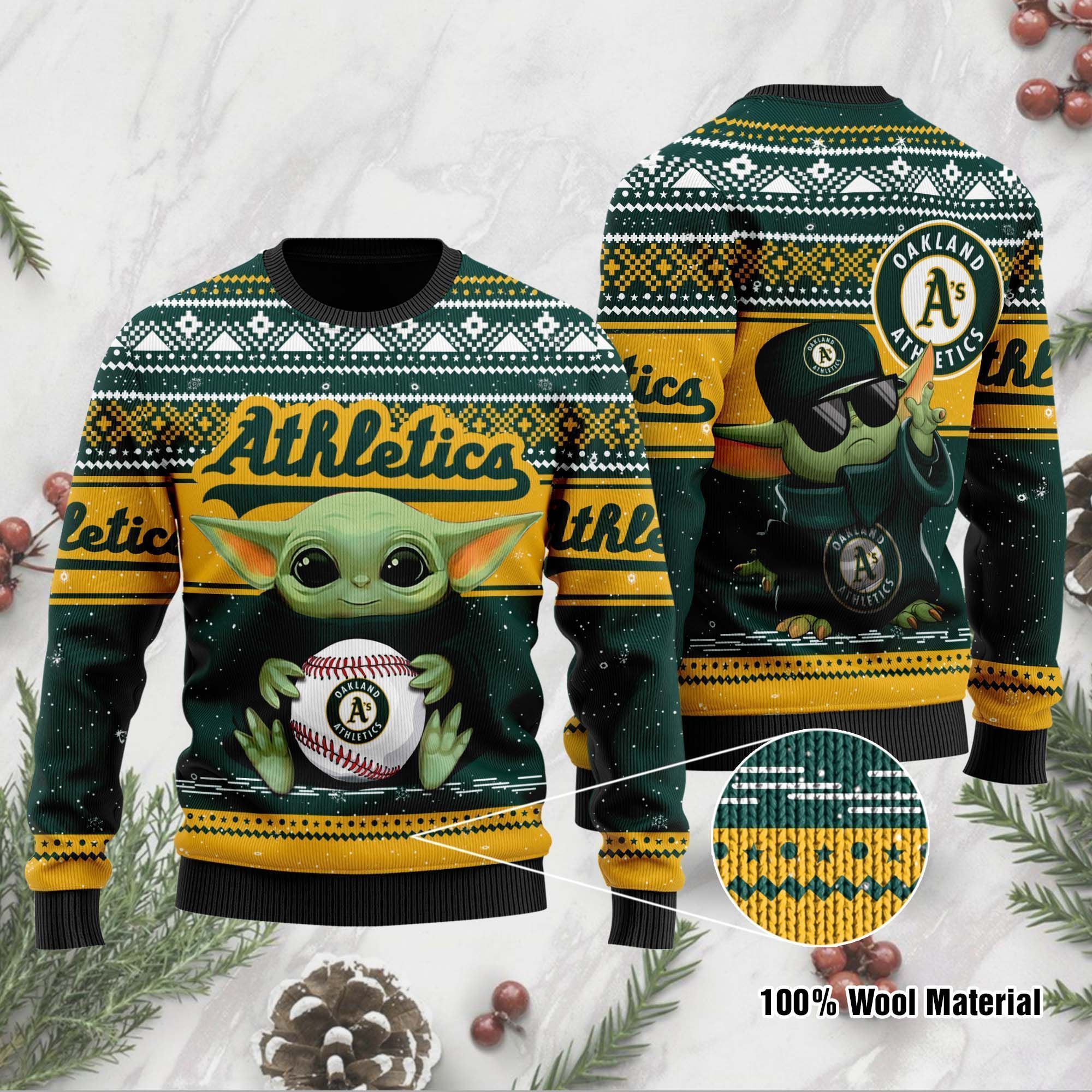 Oakland Athletics Grogu Baby Yoda Hug Logo Ugly Christmas Sweater Party