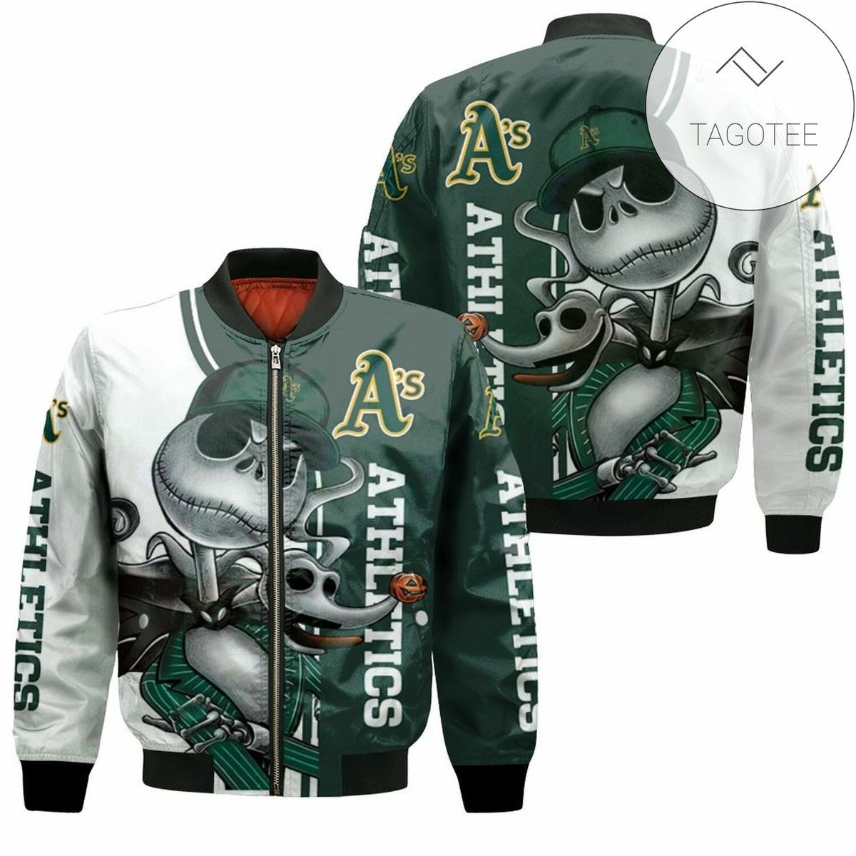 Oakland Athletics Jack Skellington And Zero Bomber Jacket | MLB Team Jacket for Men & Women | Baseball Fan Gift
