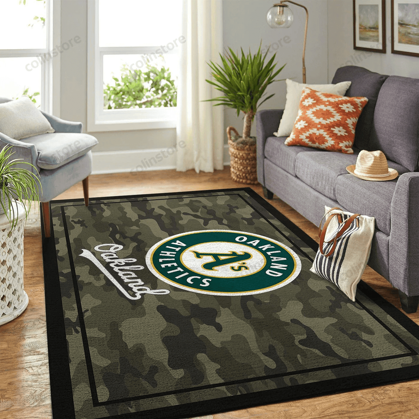 Oakland Athletics Team Logo Camo Rectangle Area Rug – Full Print Carpet For Living Room & Bedroom Home Decor