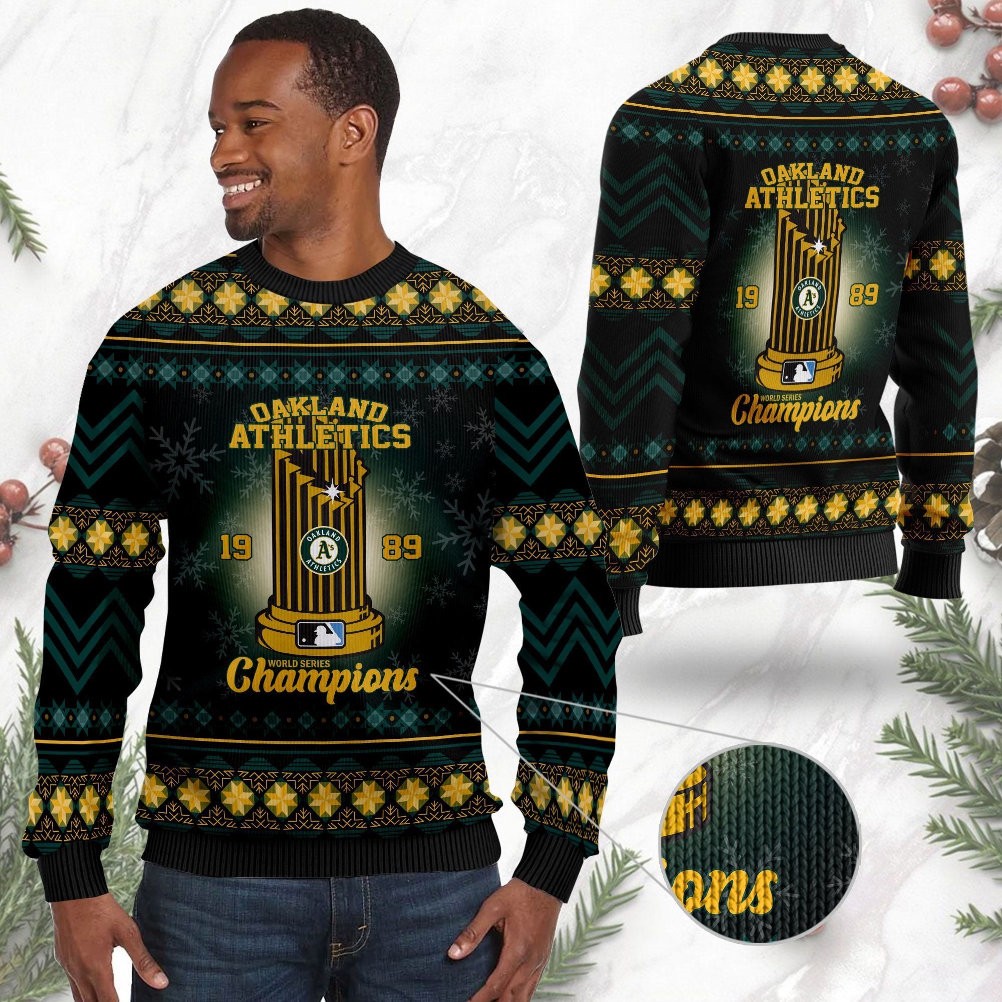 Oakland Athletics World Series Champions MLB Cup Ugly Christmas Sweater