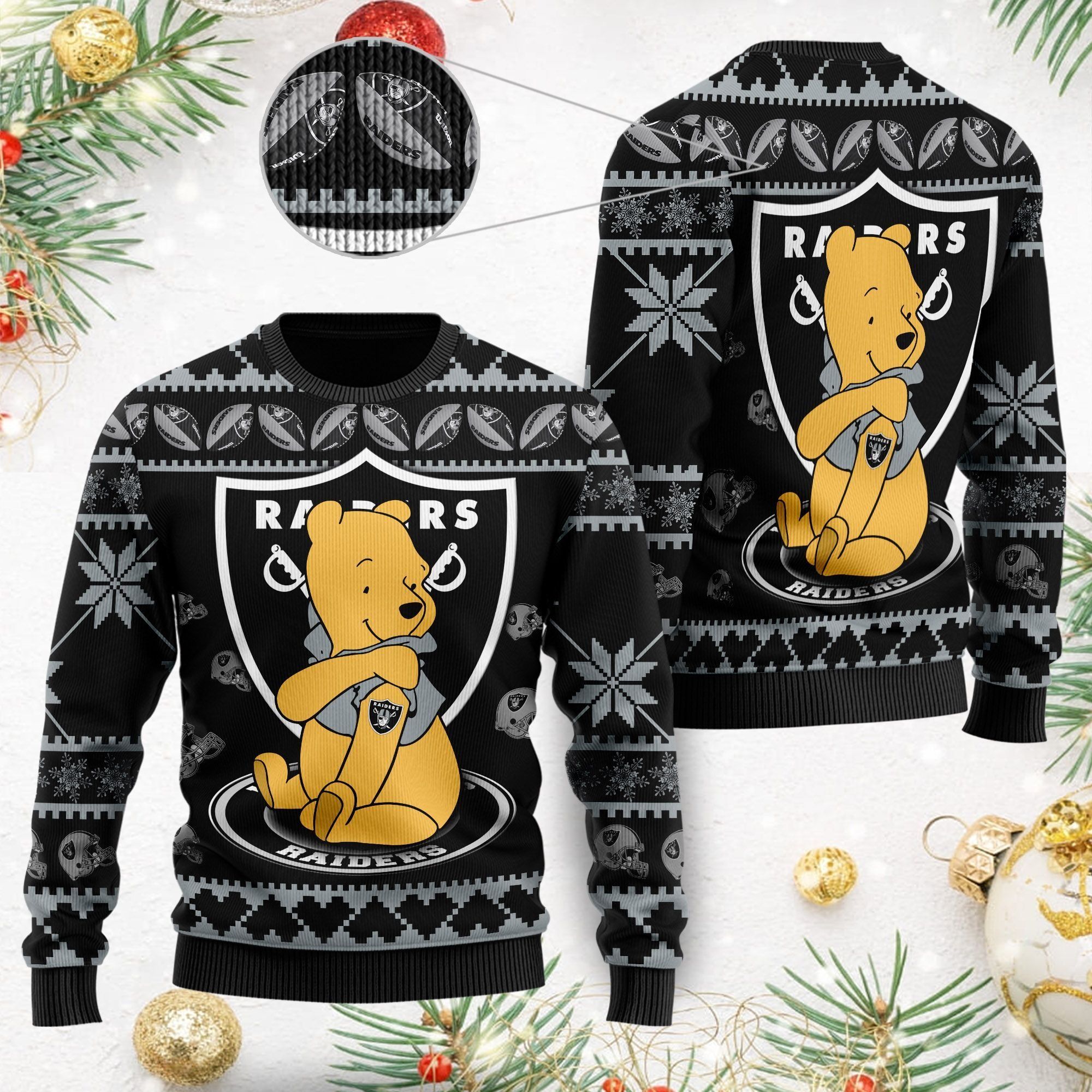 Oakland Raiders NFL American Football Team Logo Cute Winnie The Pooh Bear 3D Ugly Christmas Sweater