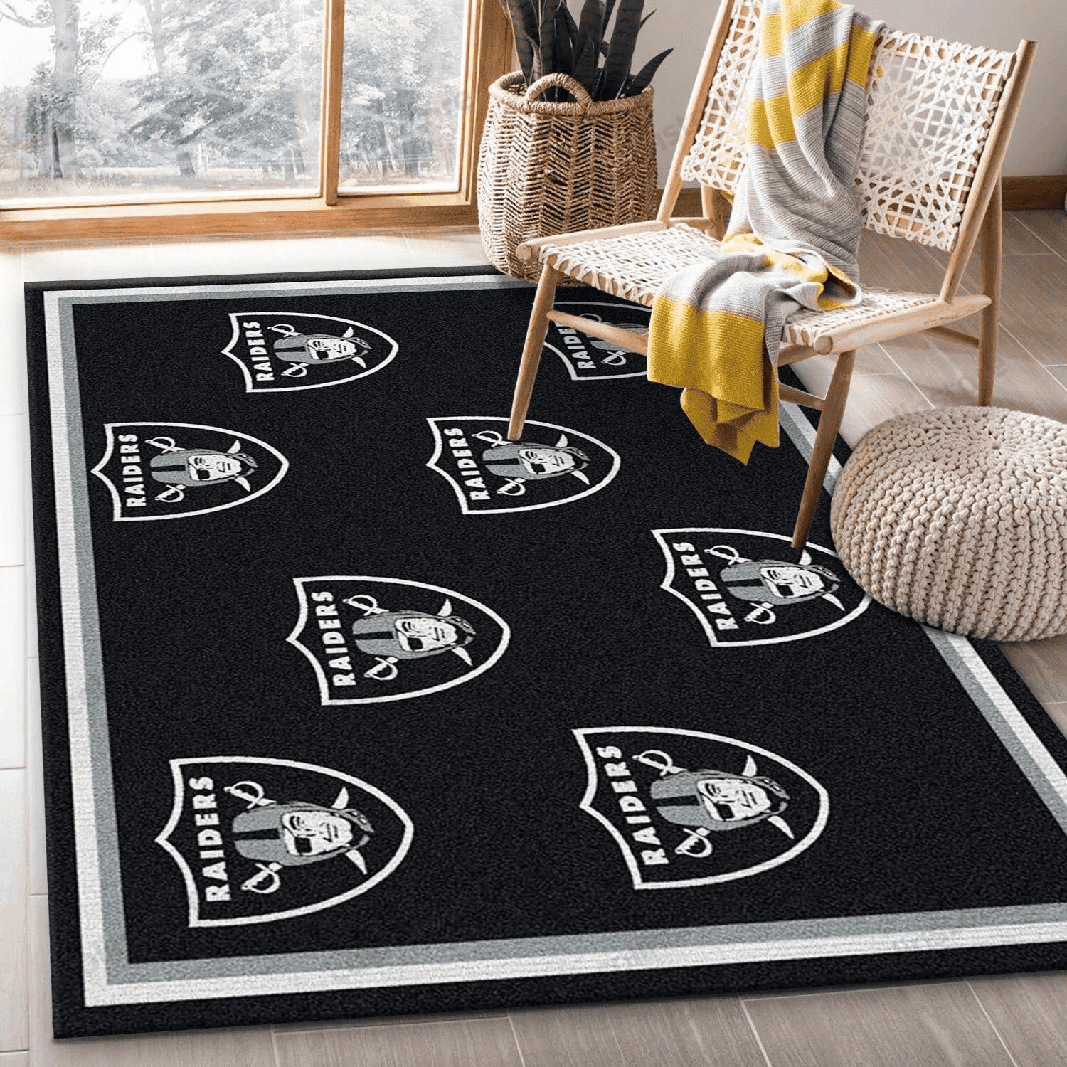 Oakland Raiders Repeat Rug Team Rectangle Area Rug – Full Print Carpet For Living Room & Bedroom Home Decor