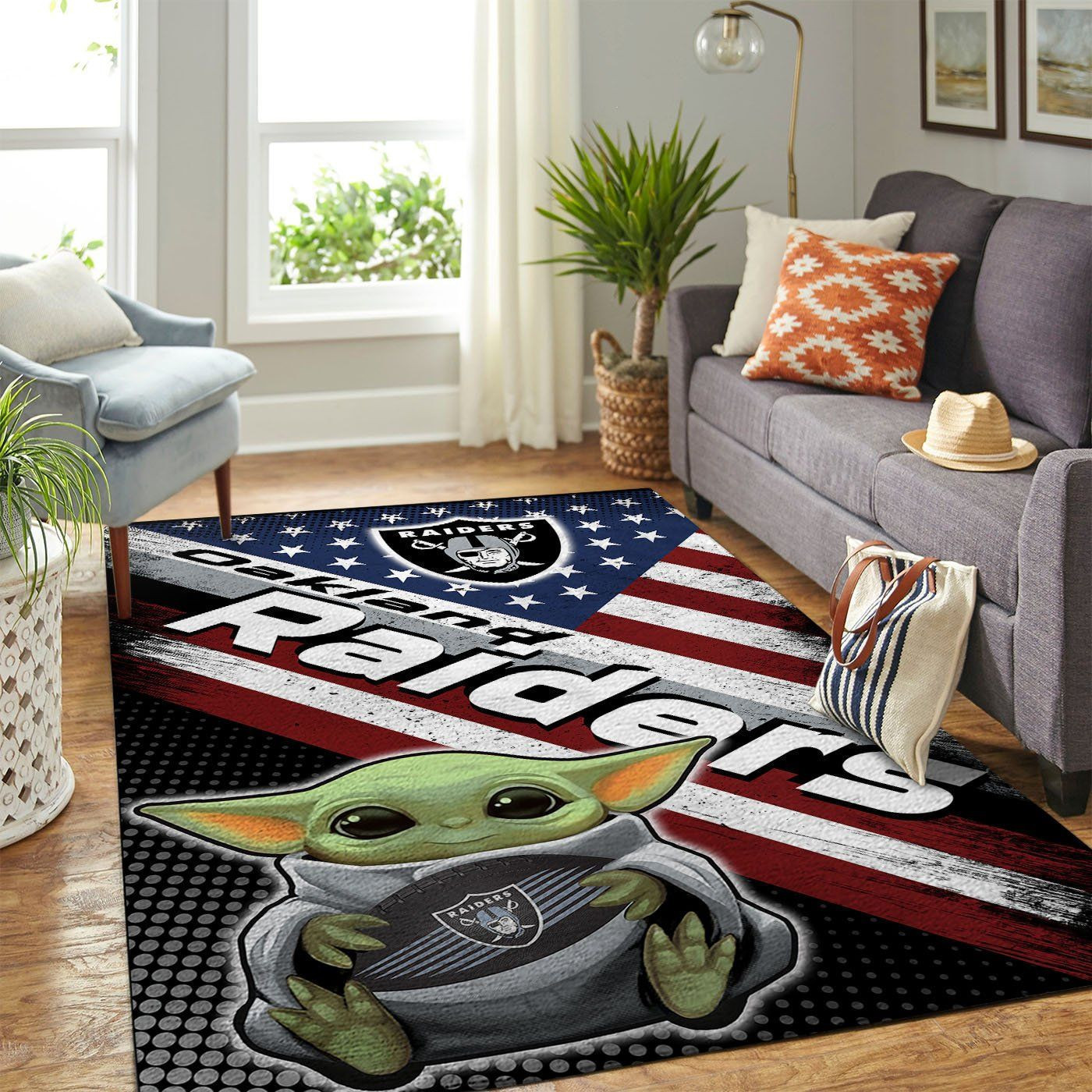 Oakland Raiders Team Logo Baby Yoda Us Rectangle Area Rug – Full Print Carpet For Living Room & Bedroom Home Decor