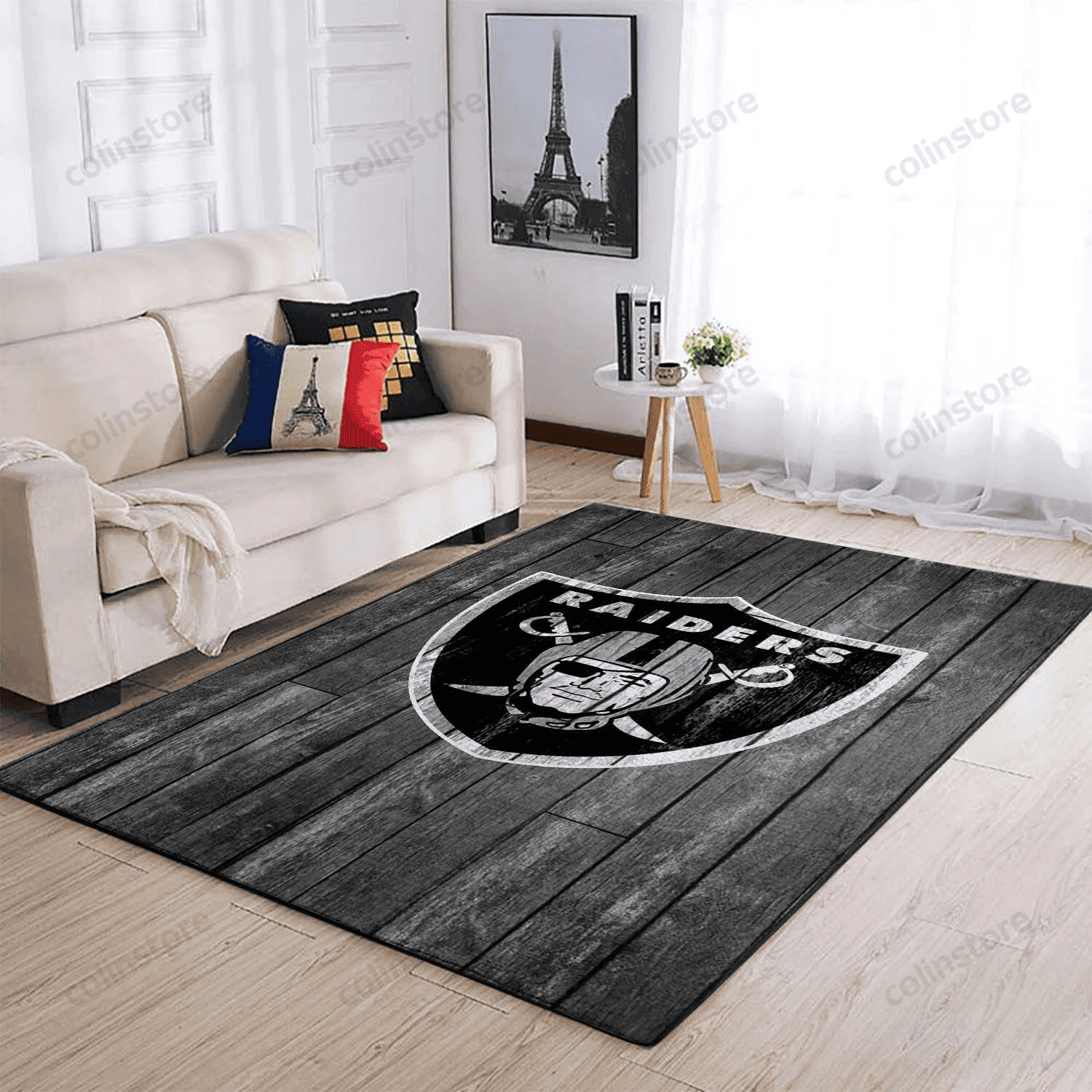 Oakland Raiders Team Logo Grey Wooden Rectangle Area Rug – Full Print Carpet For Living Room & Bedroom Home Decor