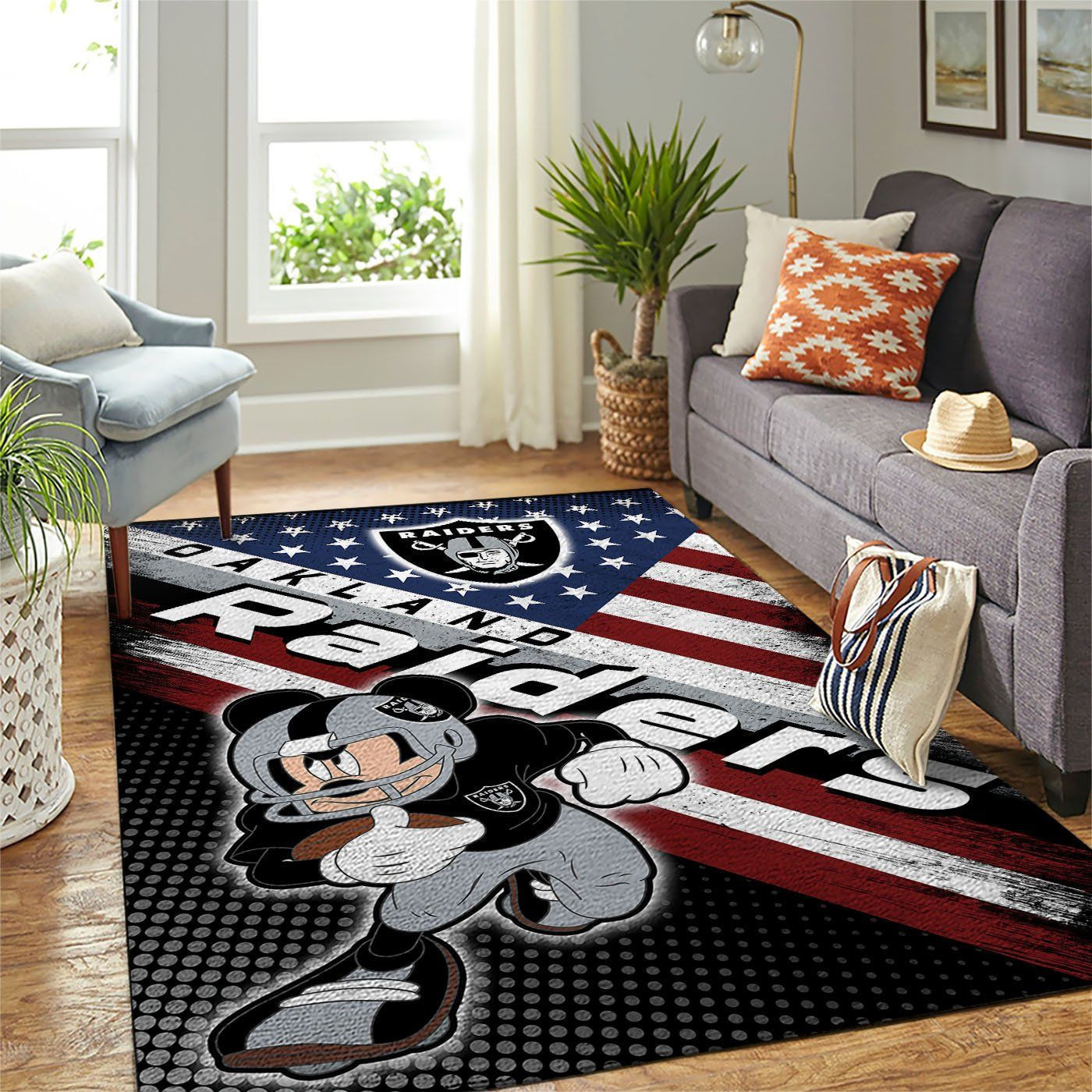 Oakland Raiders Team Logo Mickey Us Rectangle Area Rug – Full Print Carpet For Living Room & Bedroom Home Decor