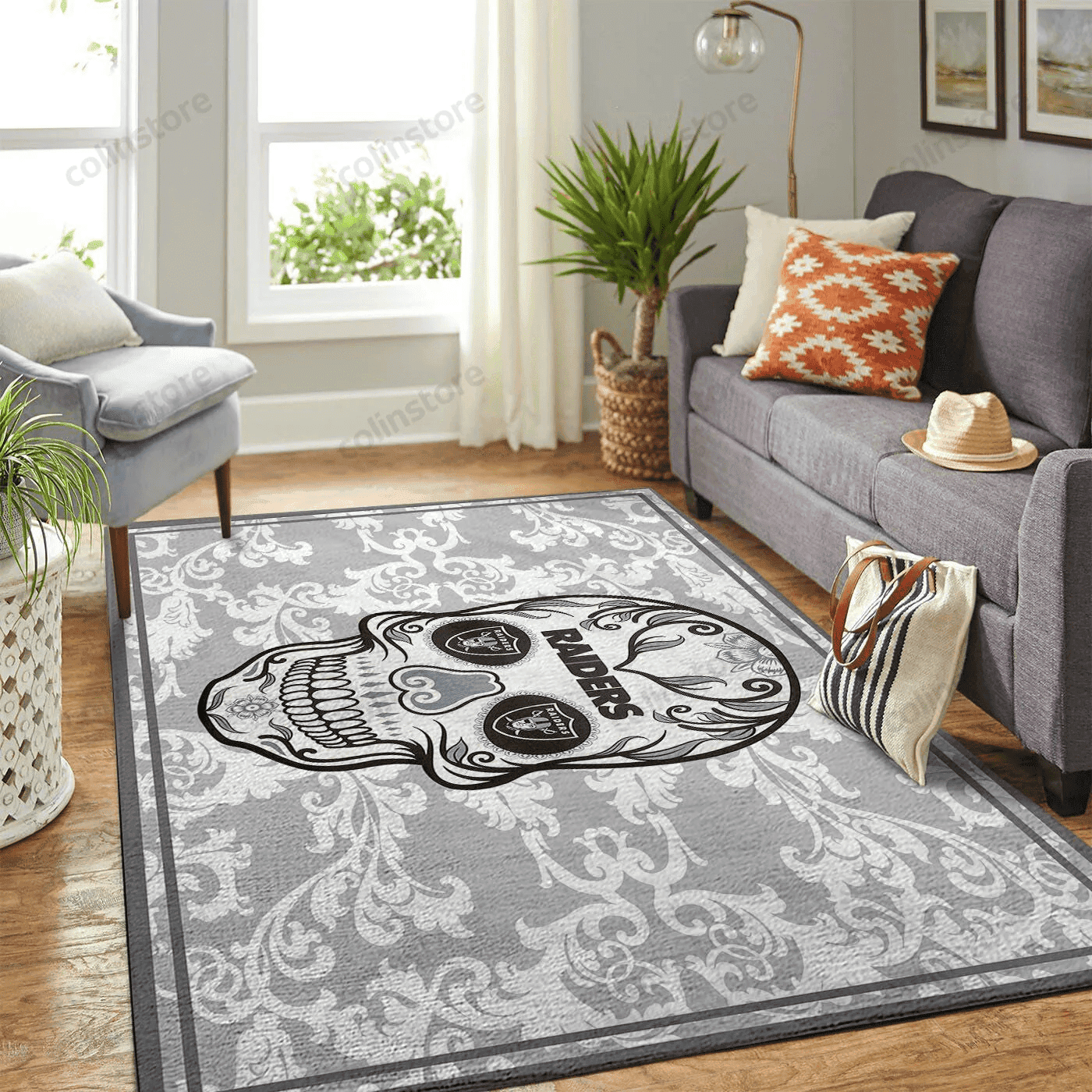 Oakland Raiders Team Logo Skull Flower Rectangle Area Rug – Full Print Carpet For Living Room & Bedroom Home Decor