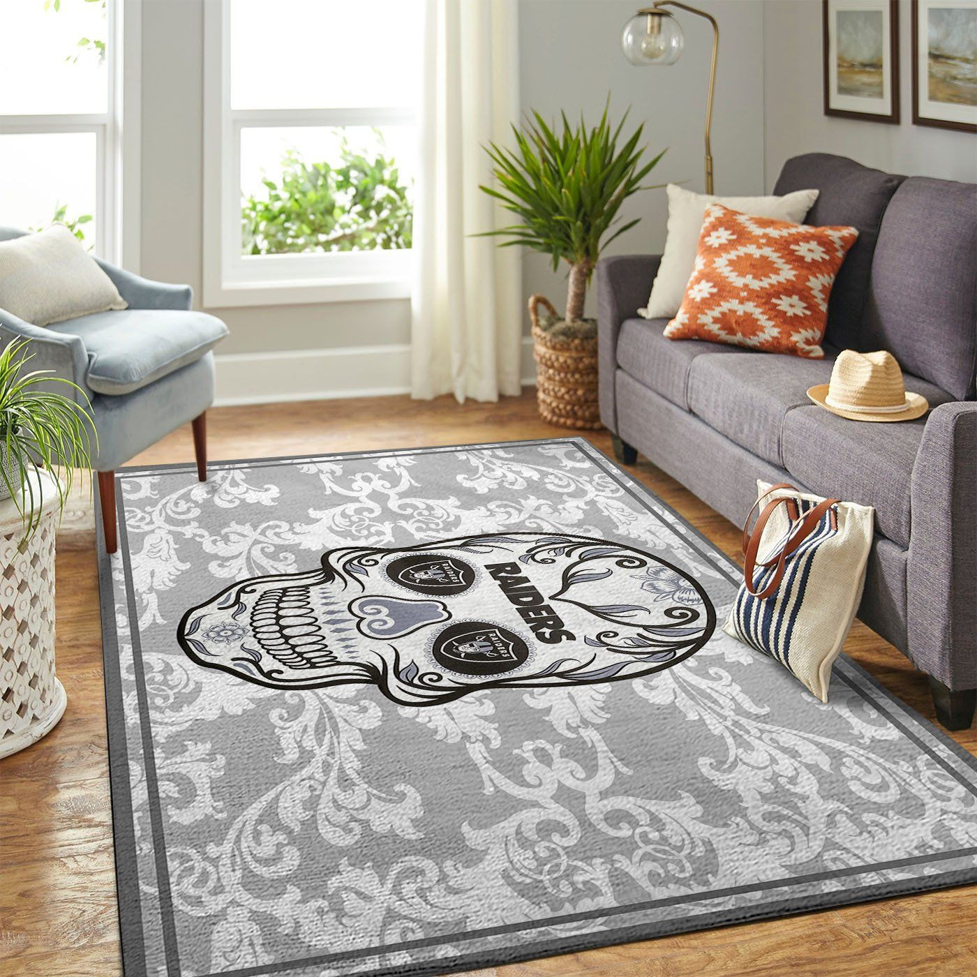 Oakland Raiders Team Logo Skull Flower Rectangle Area Rug – Full Print Carpet For Living Room & Bedroom Home Decor