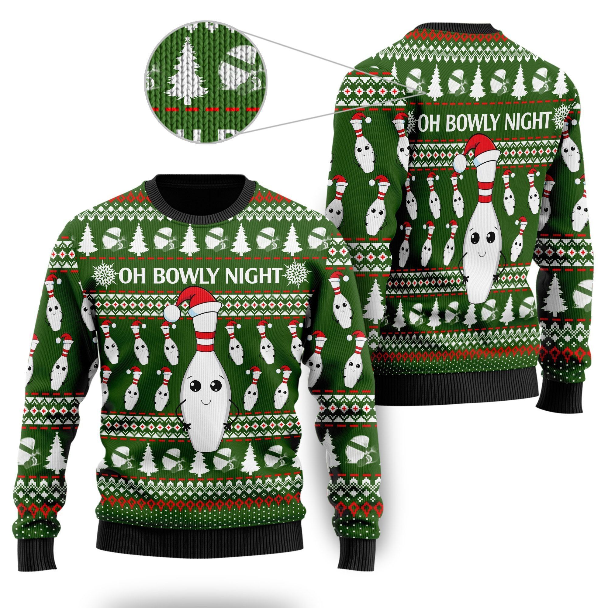 Oh Bowly Night Ugly Christmas Sweater With Christmas Patterns For Bowling And Sport Lovers Unique Gifts On Christmas Days
