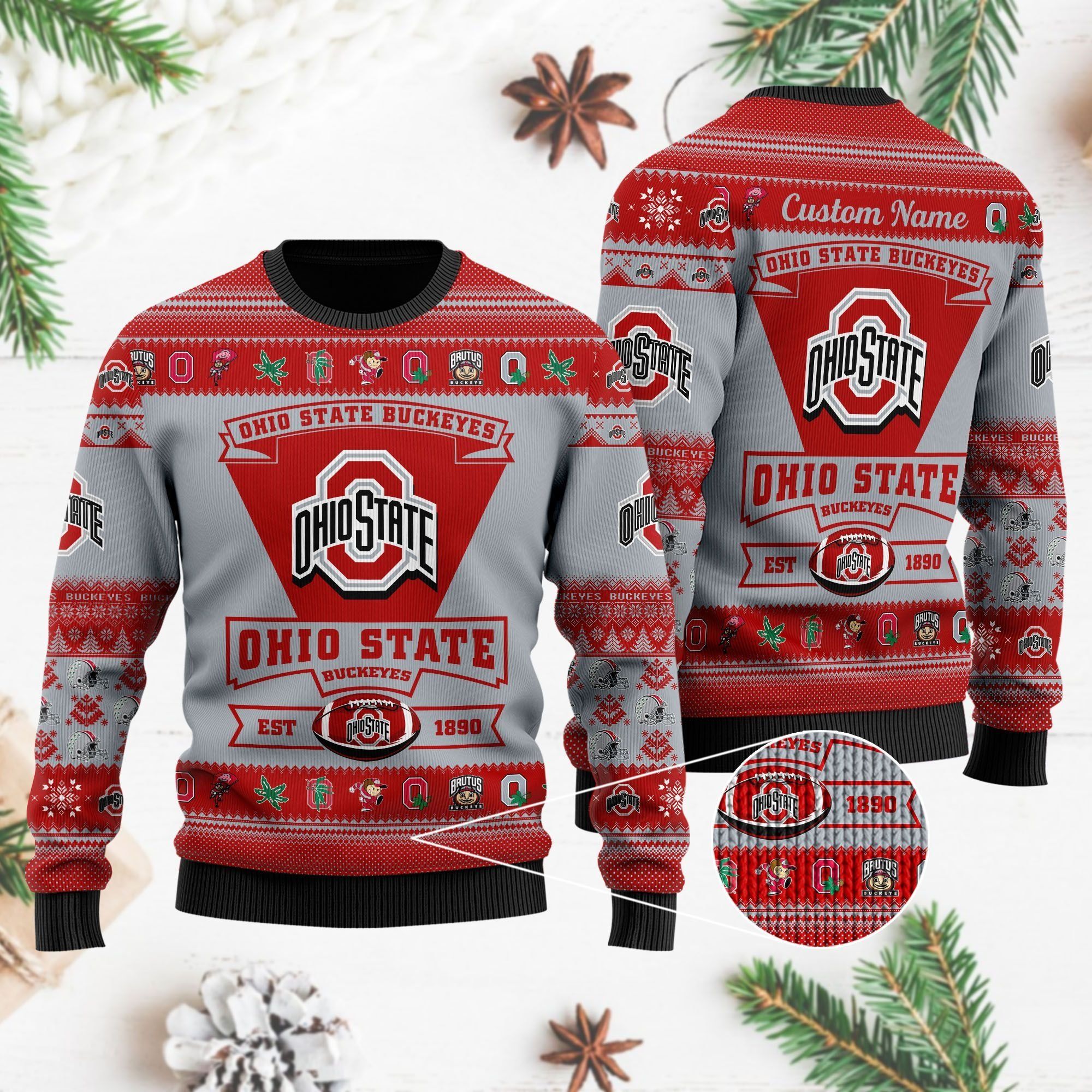 Ohio State Buckeyes Football Team Logo Custom Name Personalized Ugly Christmas Sweater Holiday Party Men Women Plus Size