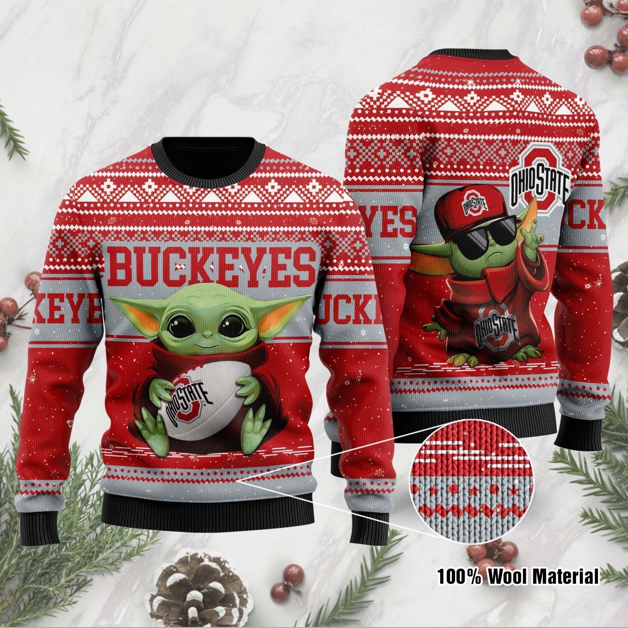 Ohio State Buckeyes Grogu Baby Yoda Hug Logo Ugly Christmas Sweater Party