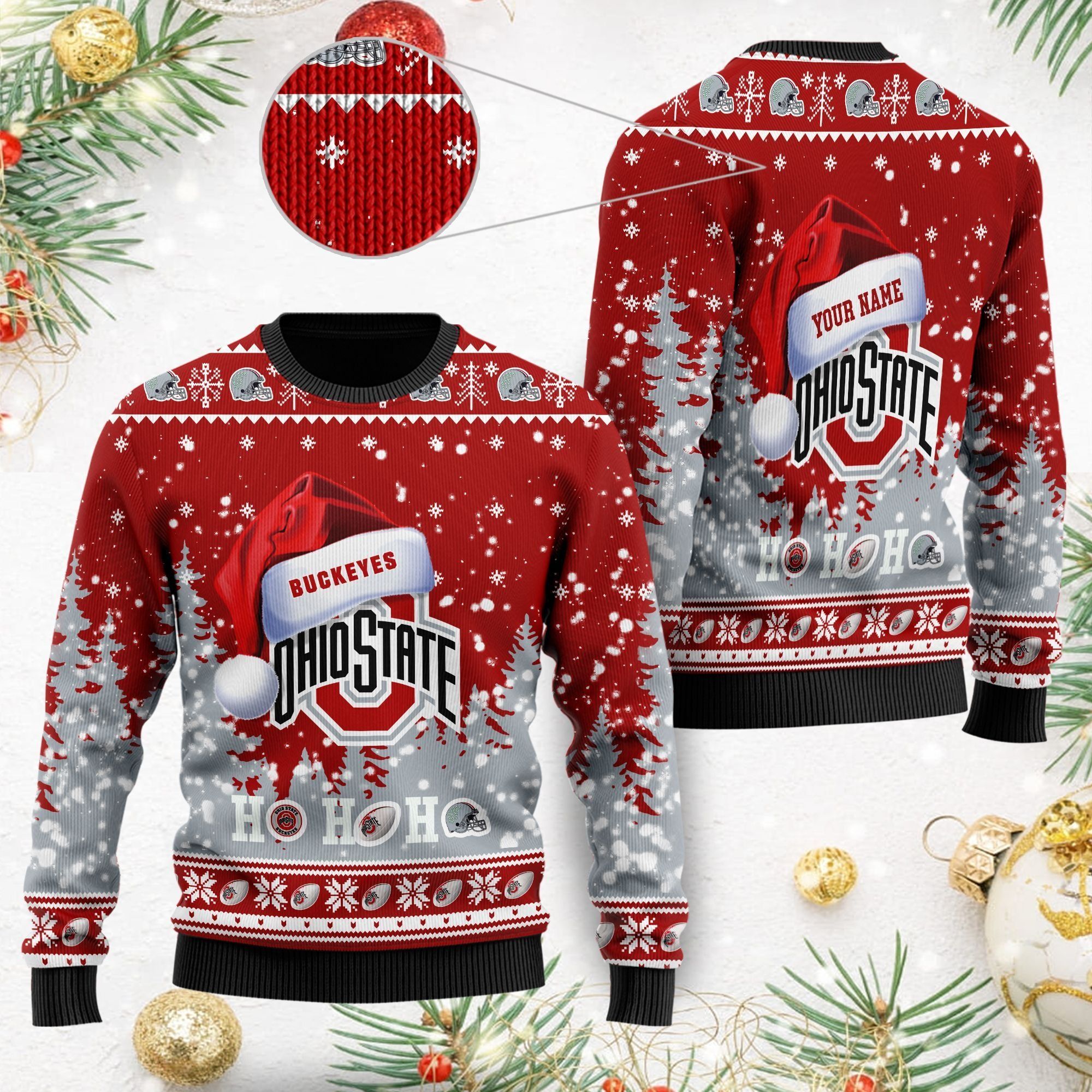 Ohio State Buckeyes NCAA Symbol Wearing Santa Claus Hat Cute Pattern Ho Ho Ho Custom Personalized Ugly Christmas Sweater For Football Fans On Xmas Party