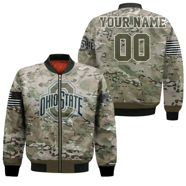 Ohio State Buckeyes Personalized Name Number Camo Bomber Jacket | NCAA College Team Jacket for Men & Women | Sports Fan Gift