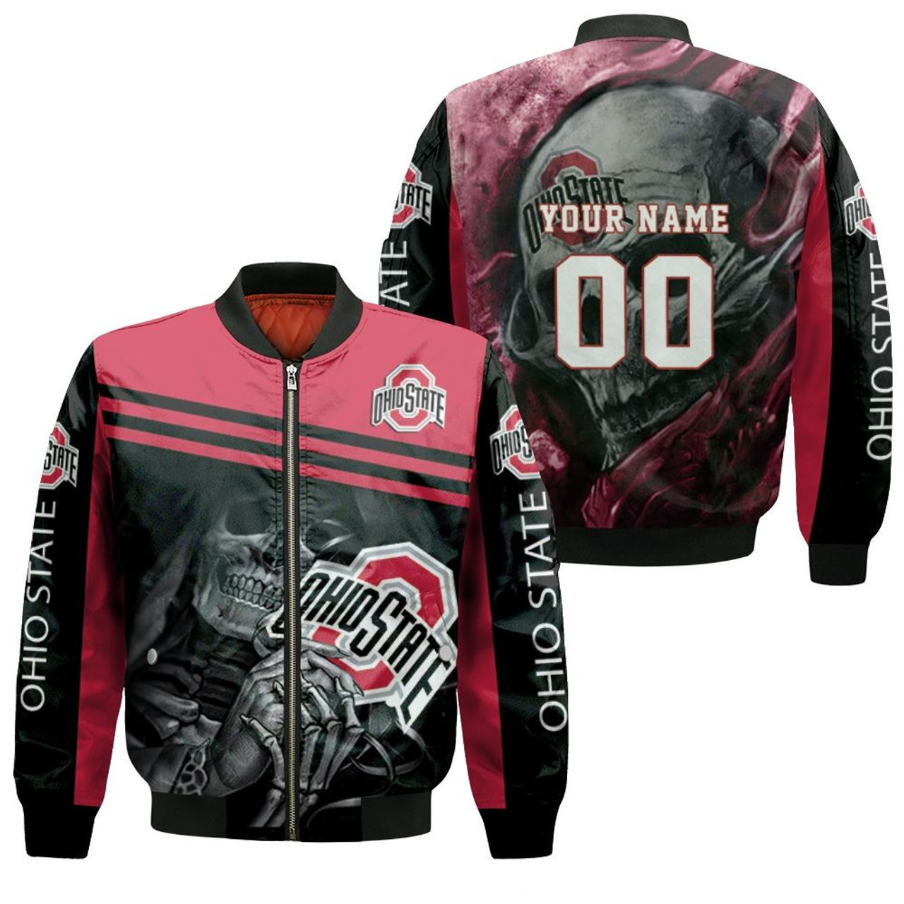 Ohio State Buckeyes Personalized Name Number Maiden Skull Bomber Jacket | NCAA College Team Jacket for Men & Women | Sports Fan Gift