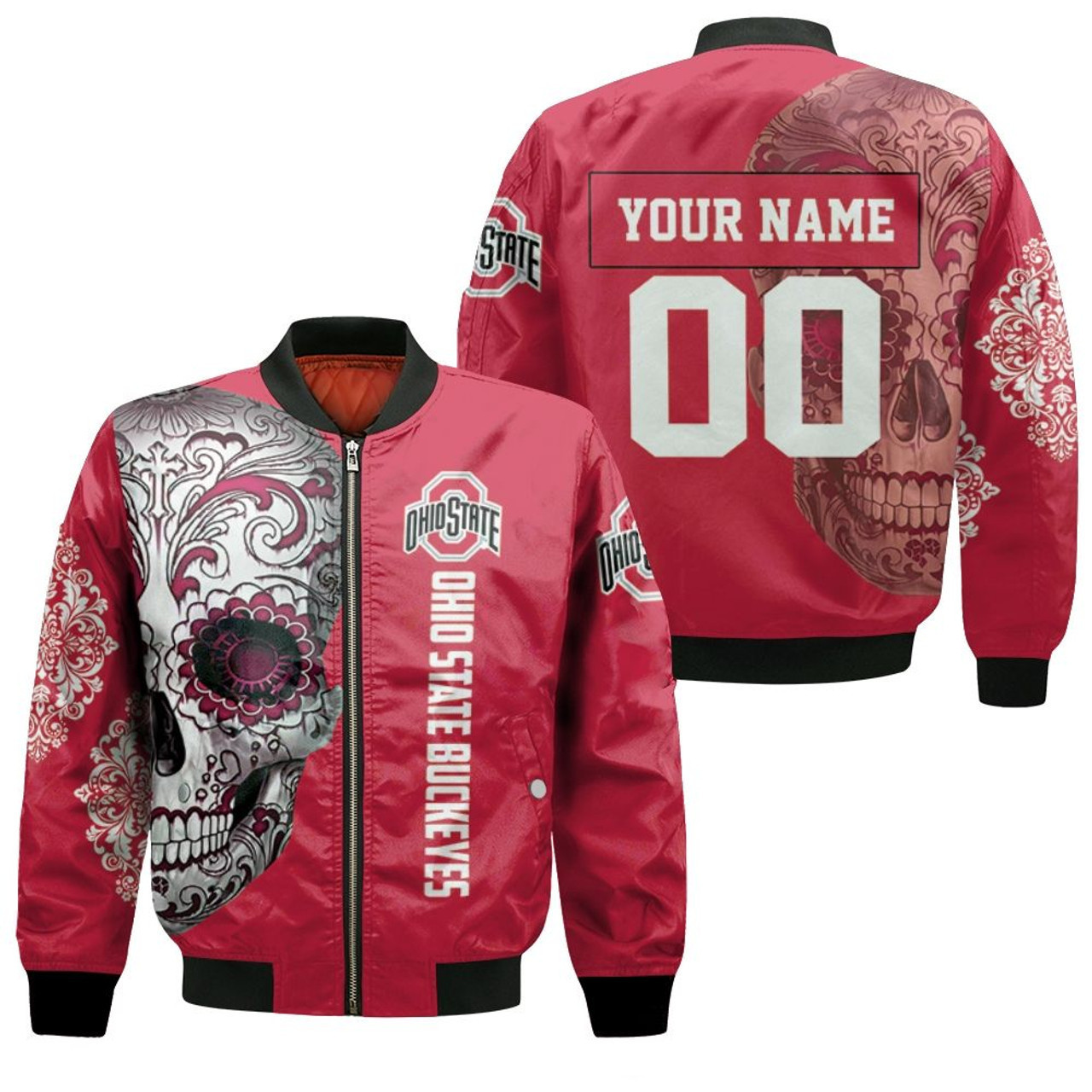 Ohio State Buckeyes Personalized Name Number Sugar Skull Bomber Jacket | NCAA College Team Jacket for Men & Women | Sports Fan Gift