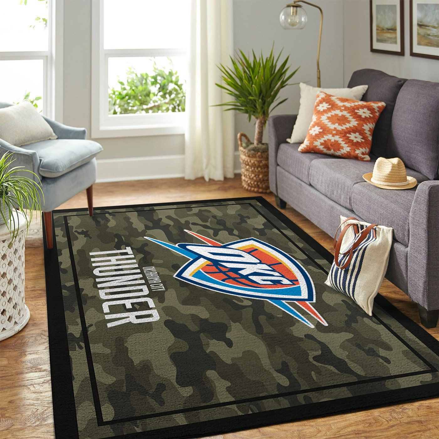 Oklahoma City Thunder Team Logo Camo Rectangle Area Rug – Full Print Carpet For Living Room & Bedroom Home Decor