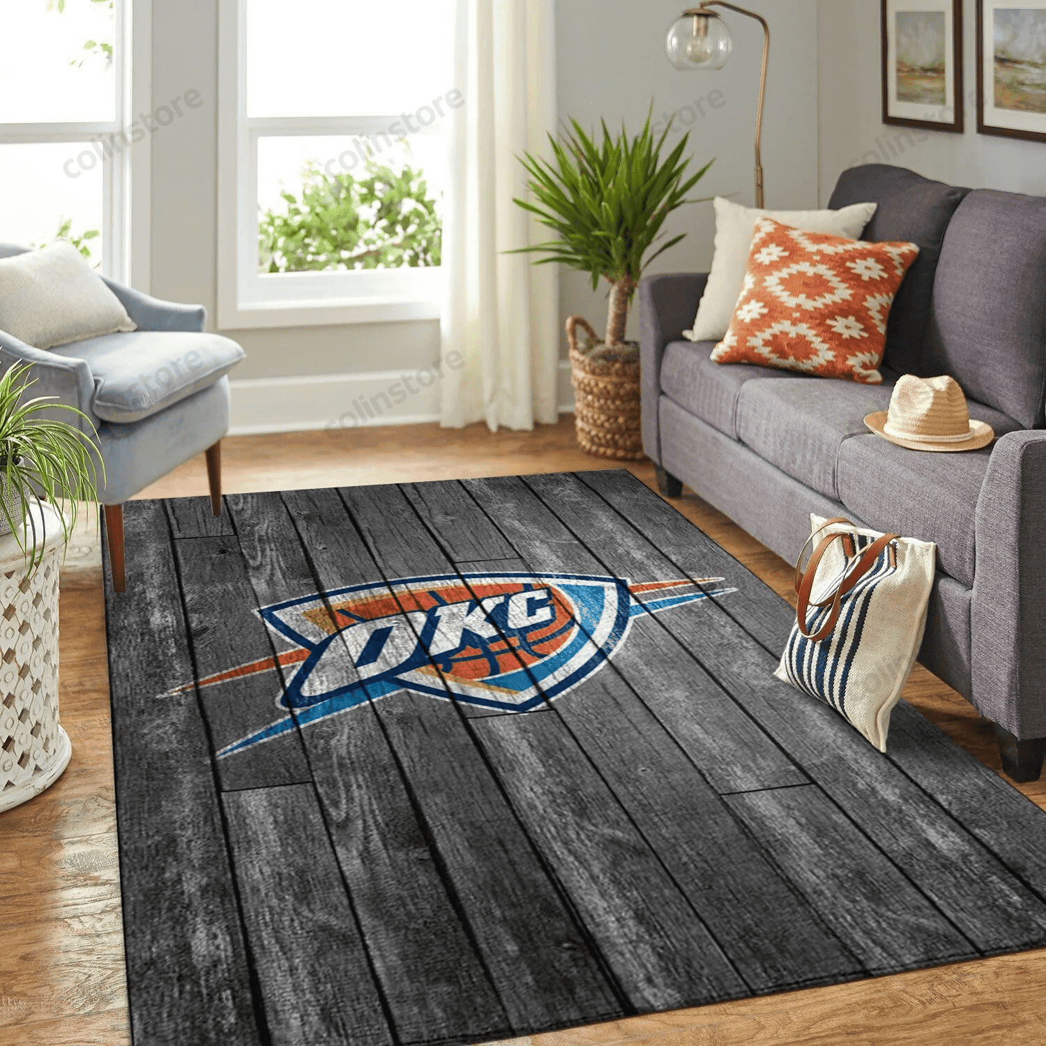 Oklahoma City Thunder Team Logo Grey Wooden 3D Rectangle Area Rug – Full Print Carpet For Living Room & Bedroom Home Decor
