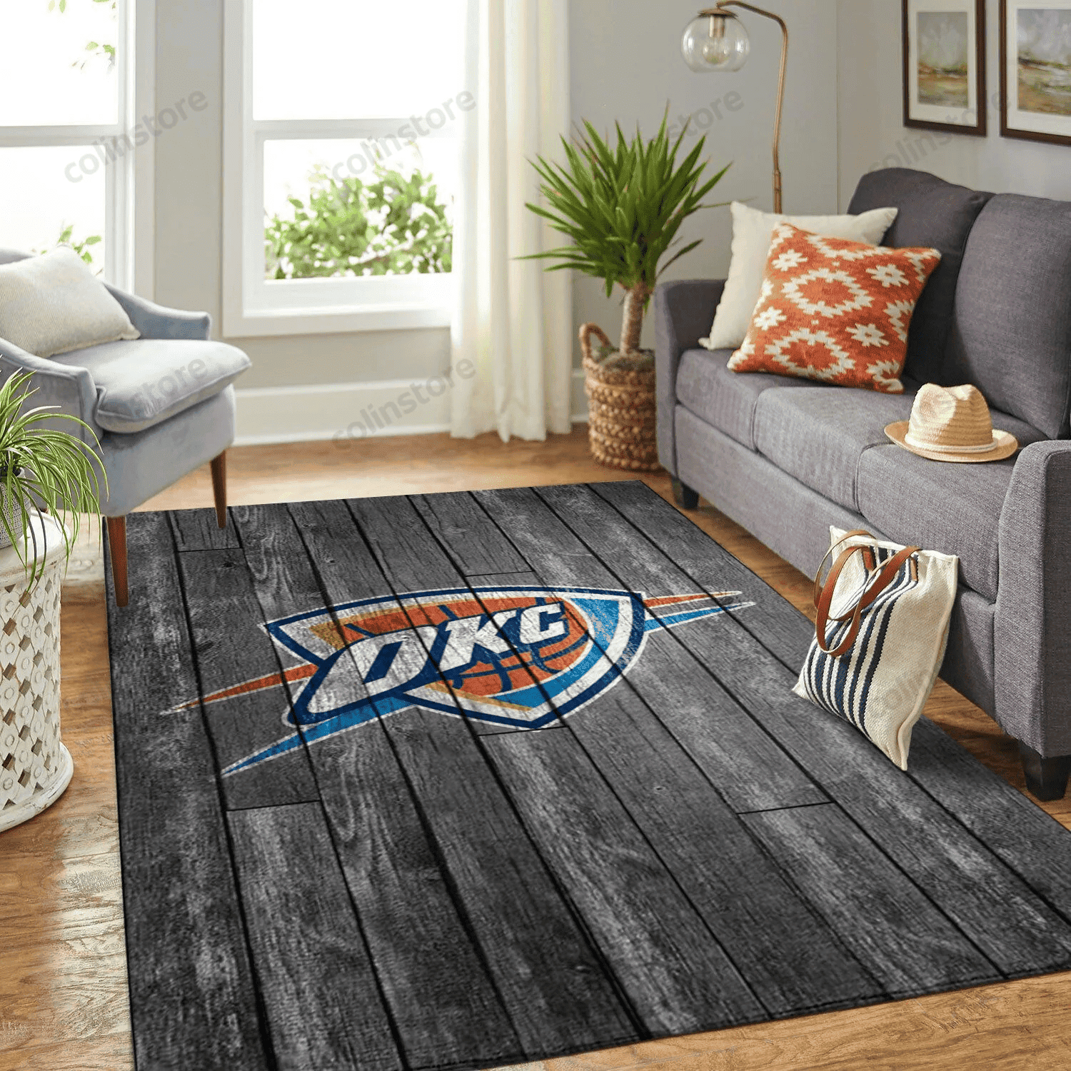 Oklahoma City Thunder Team Logo Grey Wooden Rectangle Area Rug – Full Print Carpet For Living Room & Bedroom Home Decor