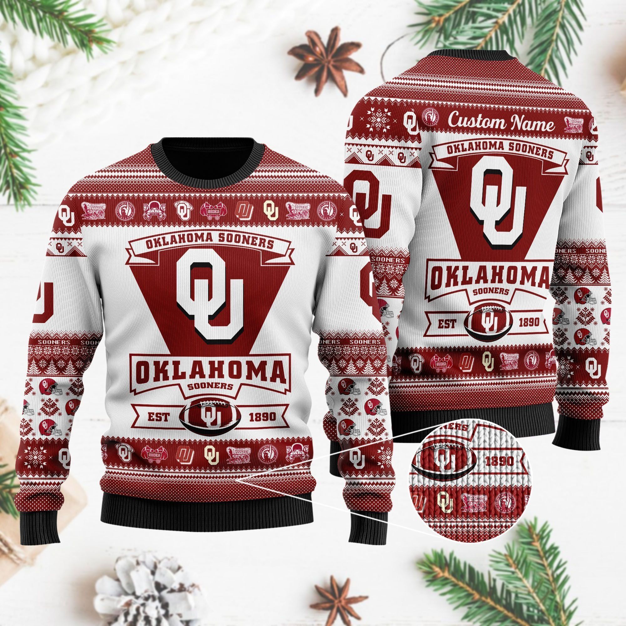 Oklahoma Sooners Football Team Logo Custom Name Personalized Ugly Christmas Sweater Holiday Party Men Women Plus Size