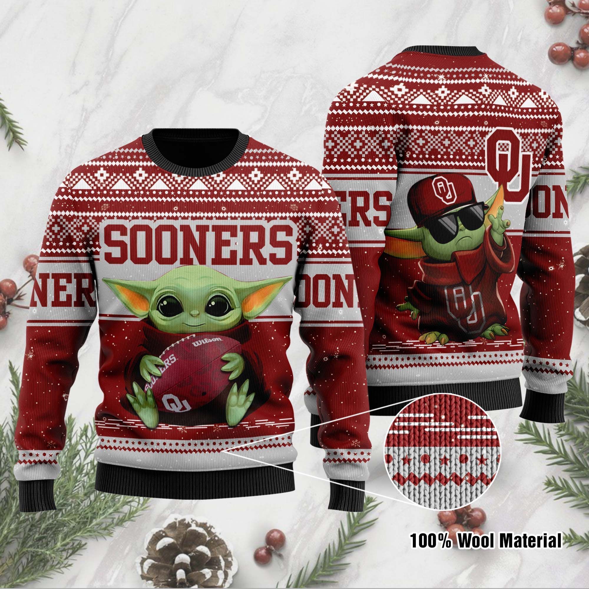 Oklahoma Sooners Grogu Baby Yoda Hug Logo Ugly Christmas Sweater Party