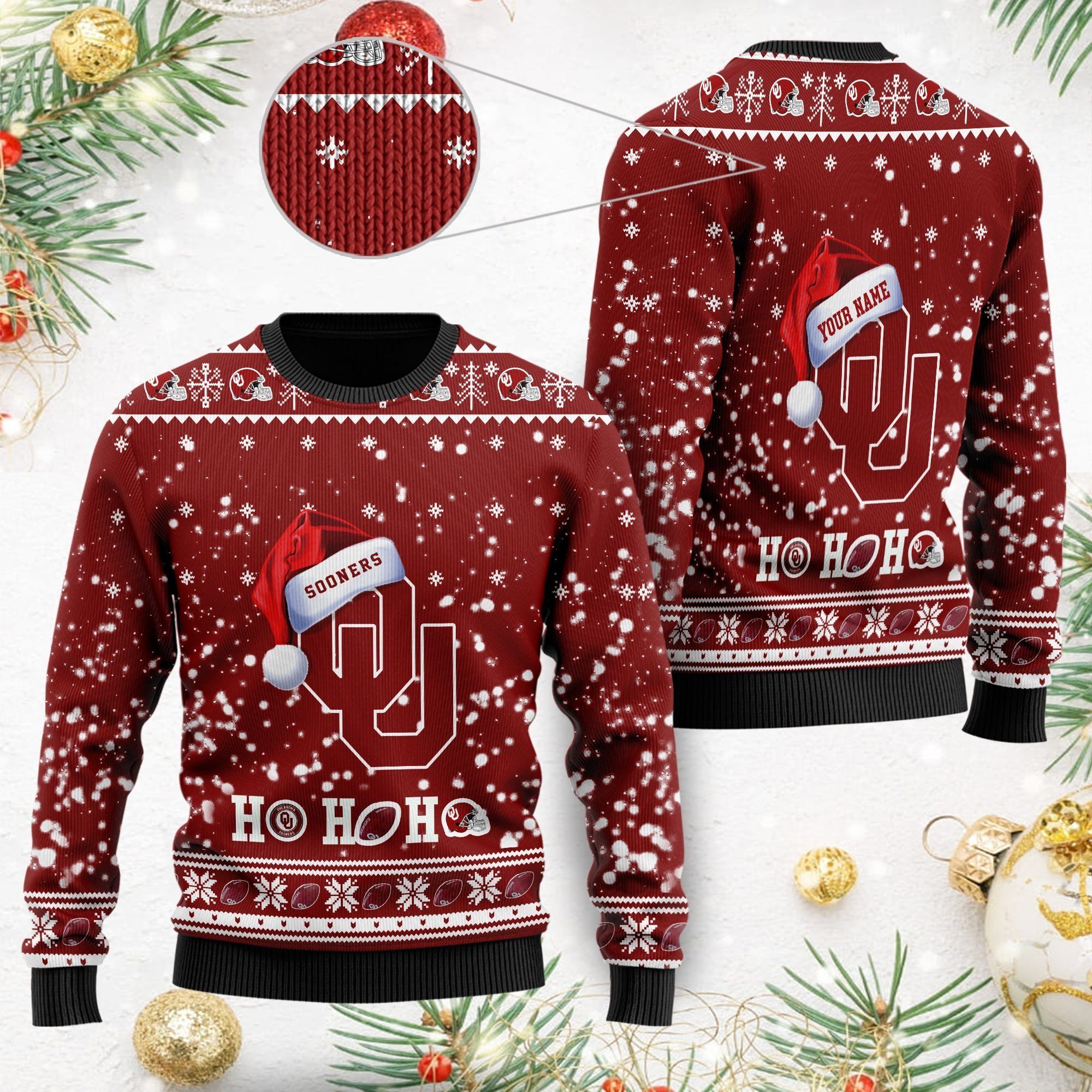 Oklahoma Sooners NCAA Symbol Wearing Santa Claus Hat Cute Pattern Ho Ho Ho Custom Personalized Ugly Christmas Sweater For Football Fans On Xmas Party