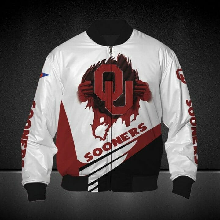 Oklahoma Sooners White Crimson Bomber Jacket | NCAA College Team Jacket for Men & Women | Sports Fan Gift