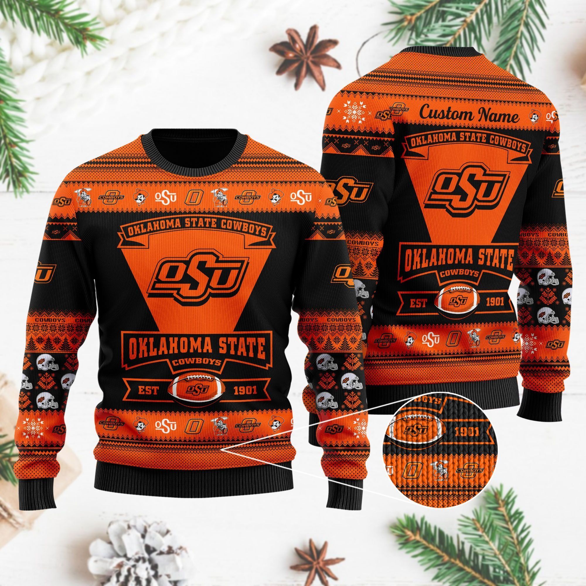 Oklahoma State Cowboys Football Team Logo Custom Name Personalized Ugly Christmas Sweater Holiday Party Men Women Plus Size