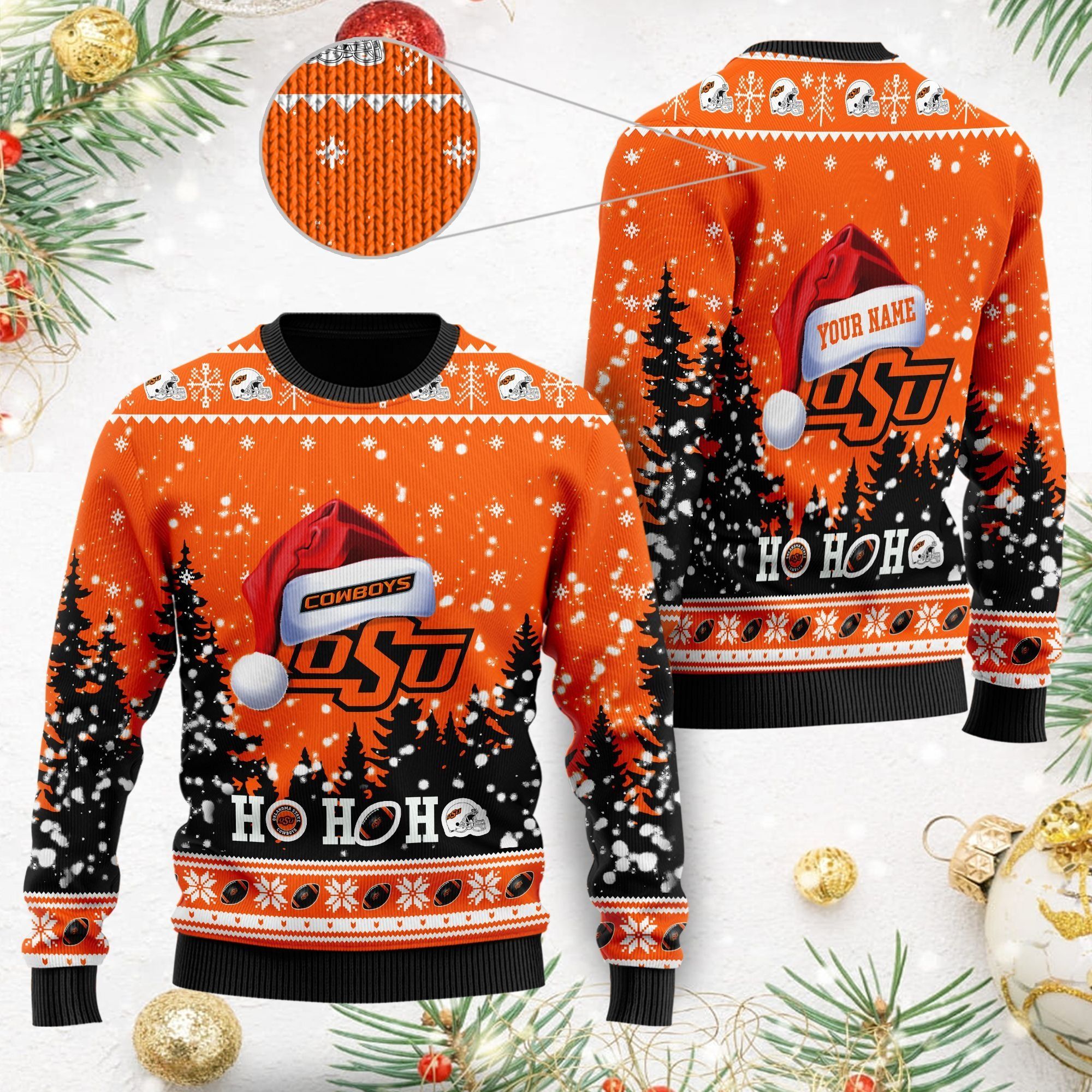 Oklahoma State Cowboys NCAA Symbol Wearing Santa Claus Hat Cute Pattern Ho Ho Ho Custom Personalized Ugly Christmas Sweater For Football Fans On Xmas Party
