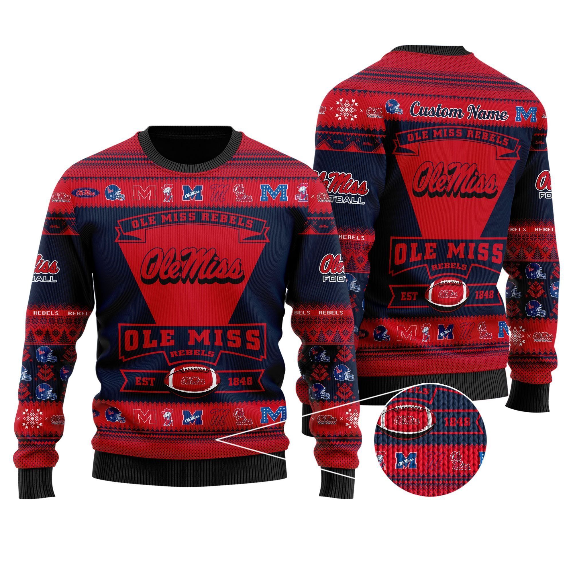 Ole Miss Rebels Football Team Logo Custom Name Personalized Ugly Christmas Sweater Holiday Party Men Women Plus Size
