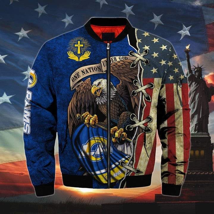 One Nation Under God Los Angeles Rams Bomber Jacket | NFL Team Jacket for Men & Women | Football Fan Gift