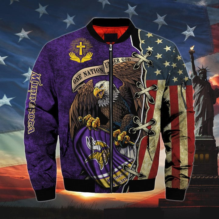 One Nation Under God Minnesota Vikings Bomber Jacket | NFL Team Jacket for Men & Women | Football Fan Gift