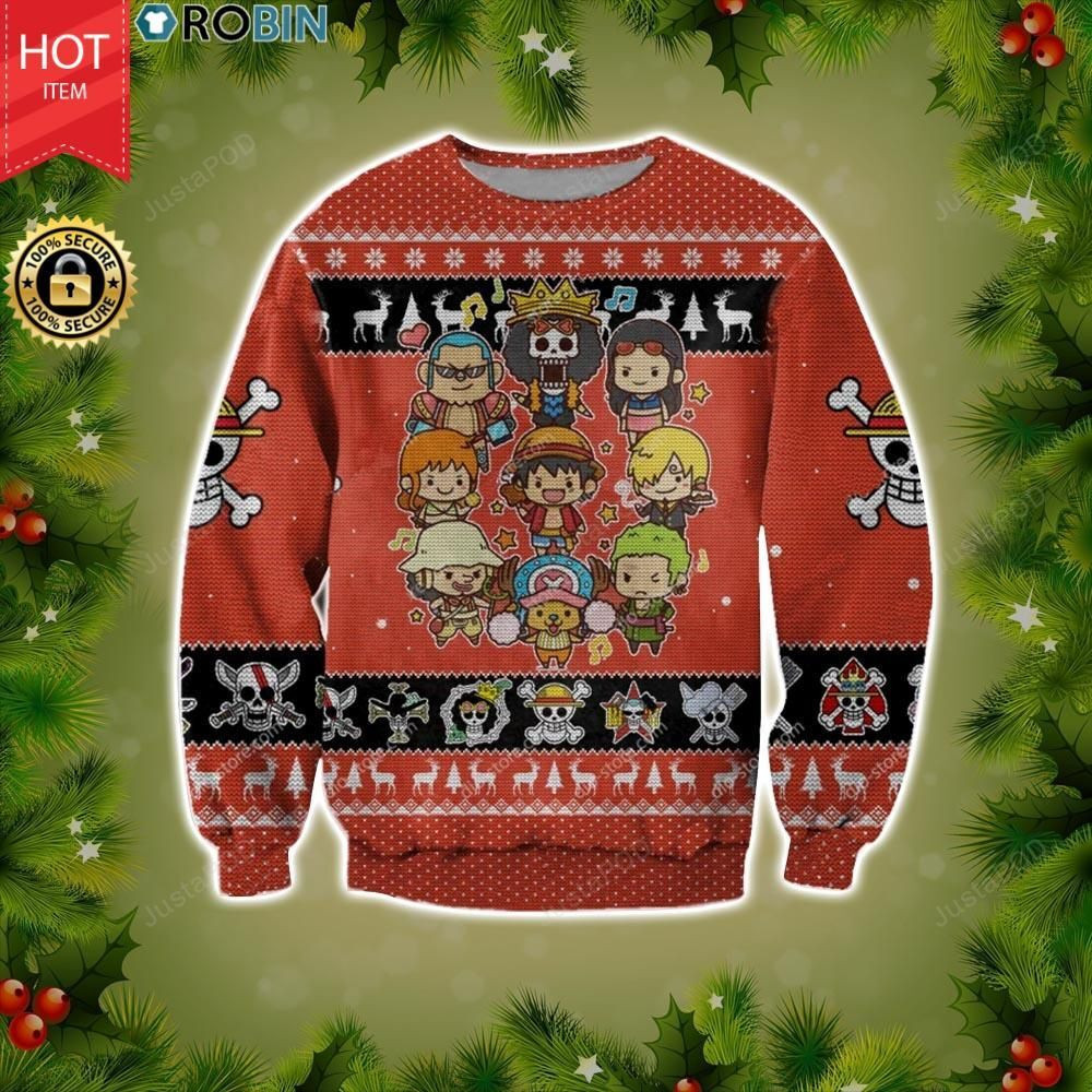 One Piece Straw Hat Crew Members Chibi Ugly Christmas Sweater, Perfect Holiday Gift