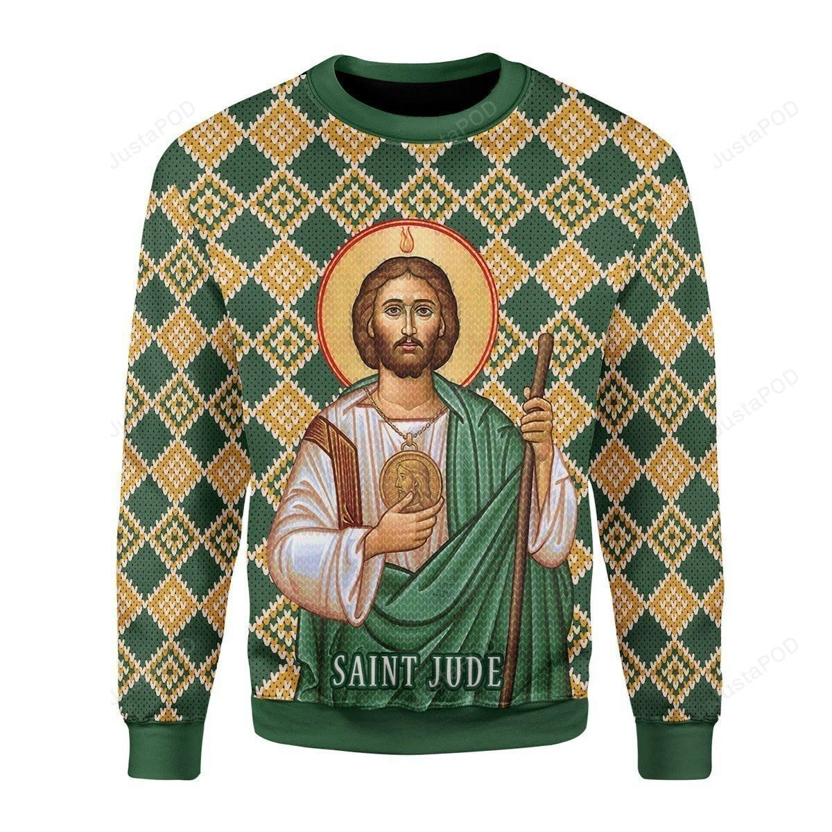 Orange And Green Rhombus Pattern Saint Jude Portrait Of Jesus Christmas For Unisex Ugly Christmas Sweater, Perfect Holiday Gift