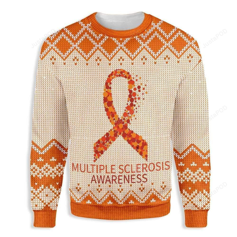 Orange Ribbon Multiple Sclerosis Awareness Ugly Christmas Sweater, Perfect Holiday Gift