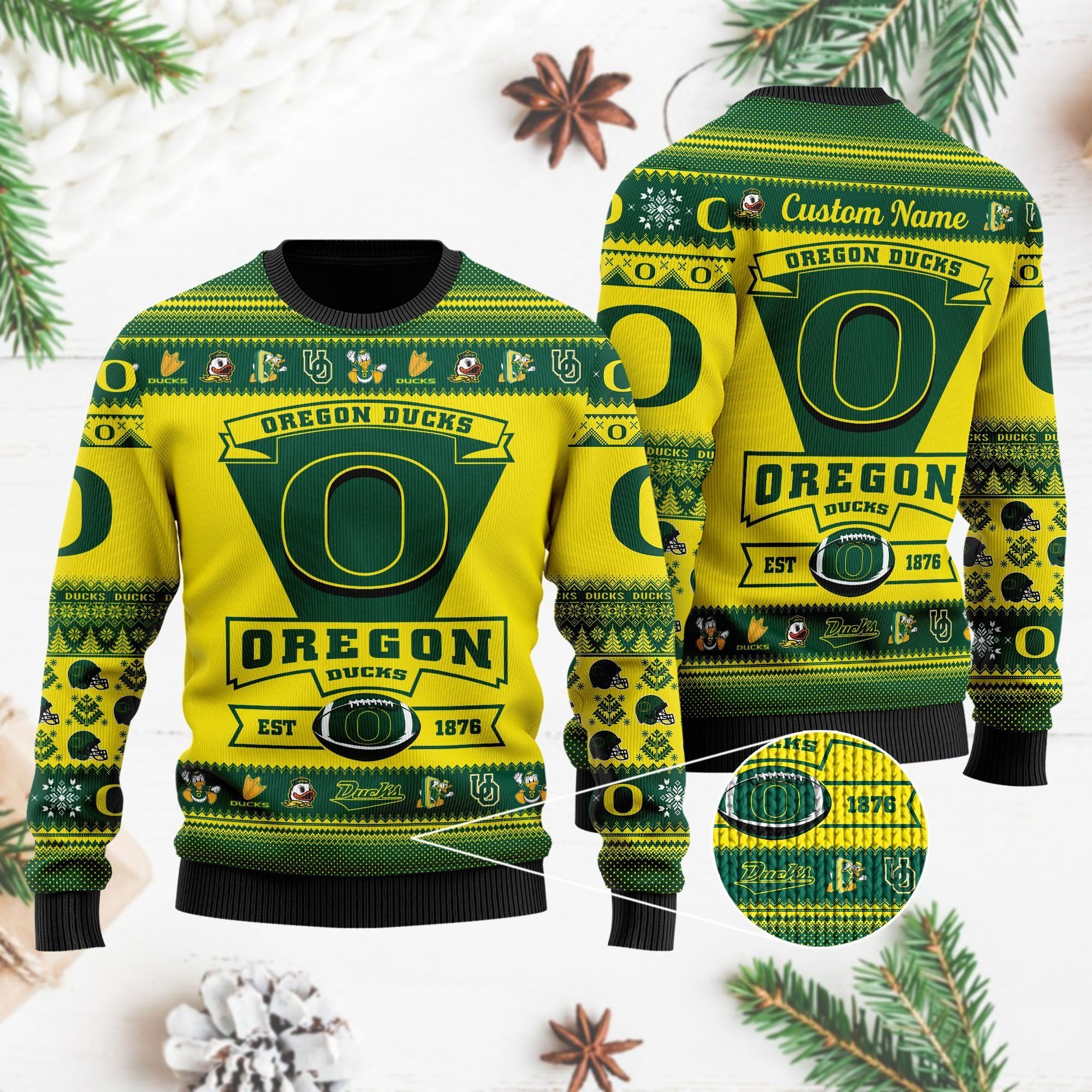 Oregon Ducks Football Team Logo Custom Name Personalized Ugly Christmas Sweater Holiday Party Men Women Plus Size