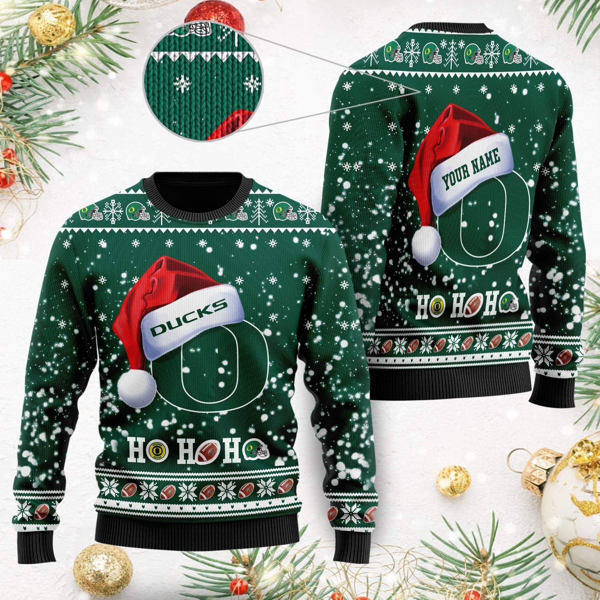 Oregon Ducks NCAA Symbol Wearing Santa Claus Hat Cute Pattern Ho Ho Ho Custom Personalized Ugly Christmas Sweater For Football Fans On Xmas Party