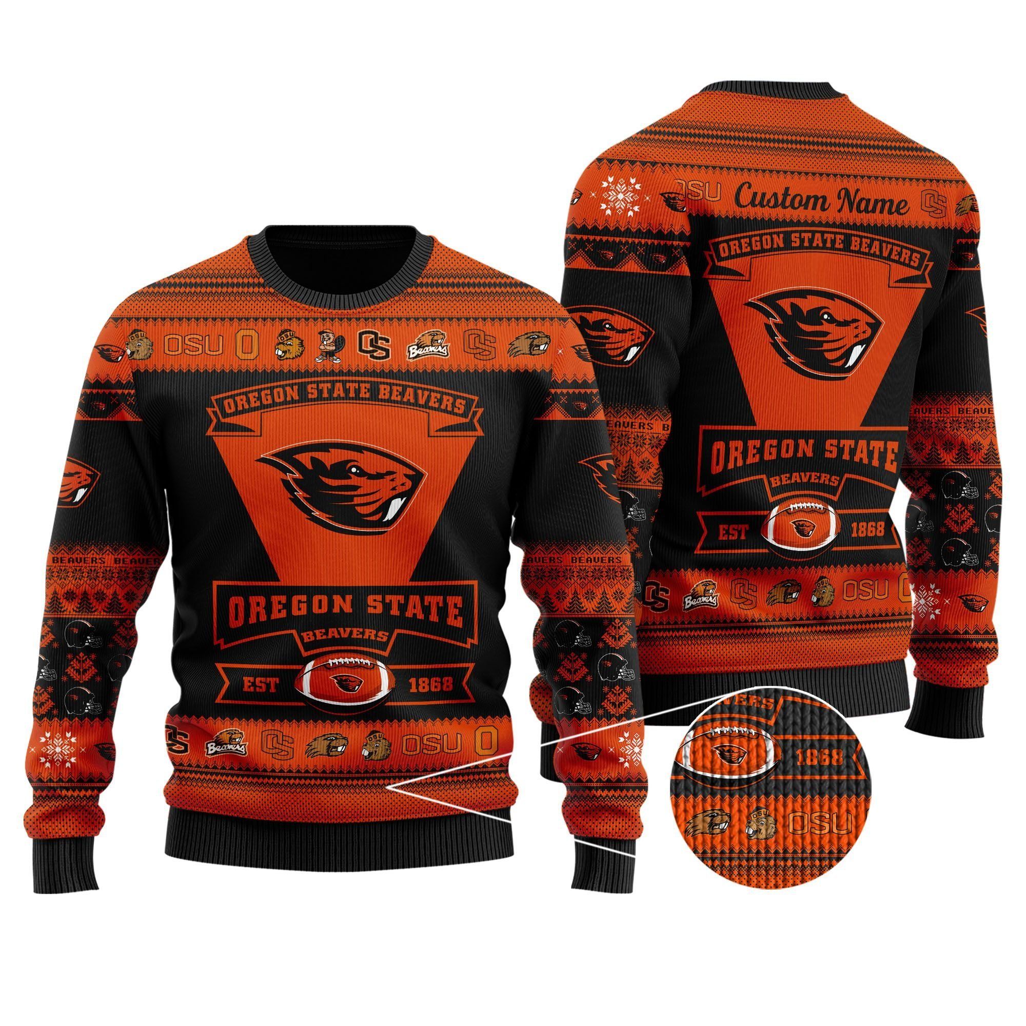 Oregon State Beavers Football Team Logo Custom Name Personalized Ugly Christmas Sweater Holiday Party Men Women Plus Size