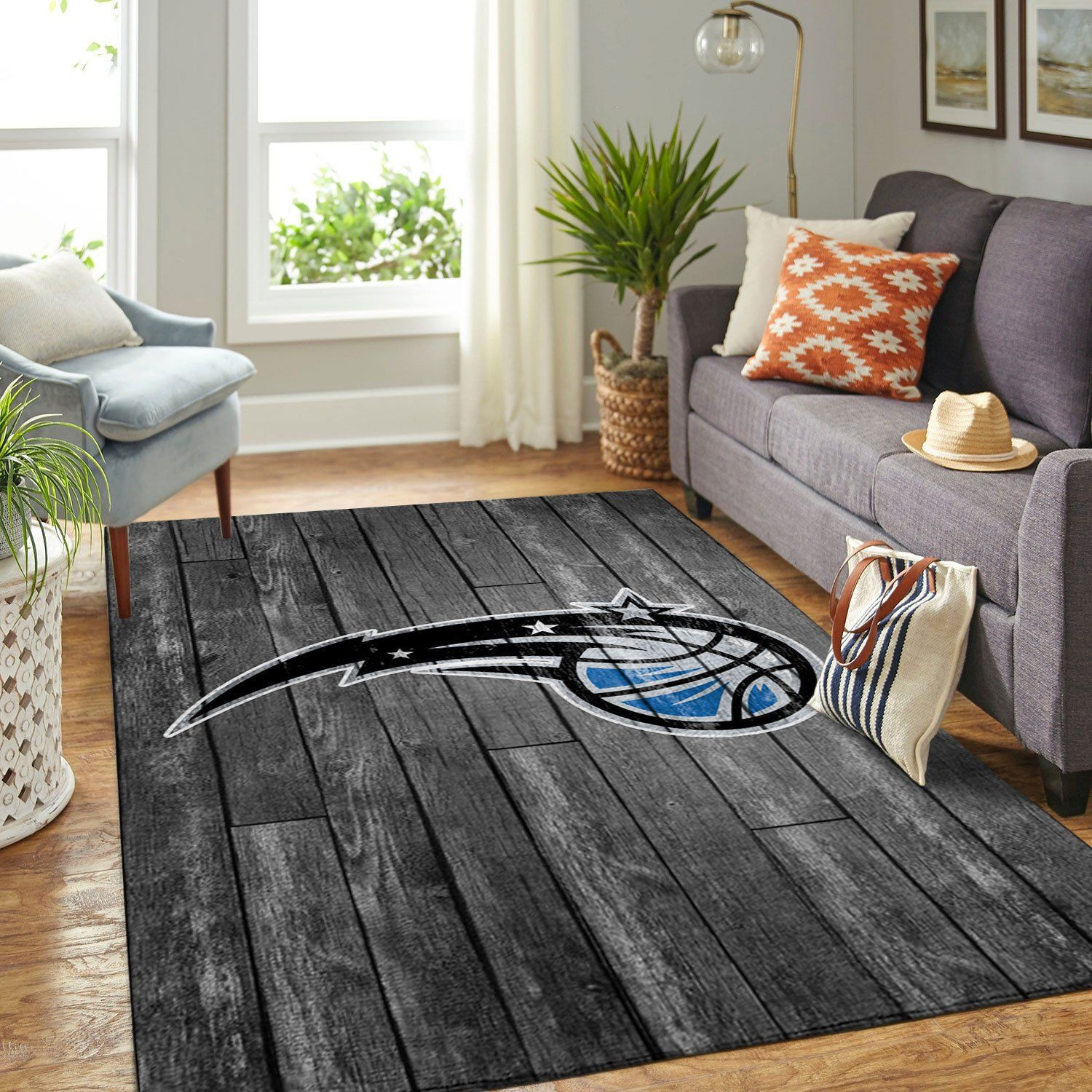 Orlando Magic Team Logo Grey Wooden Rectangle Area Rug – Full Print Carpet For Living Room & Bedroom Home Decor