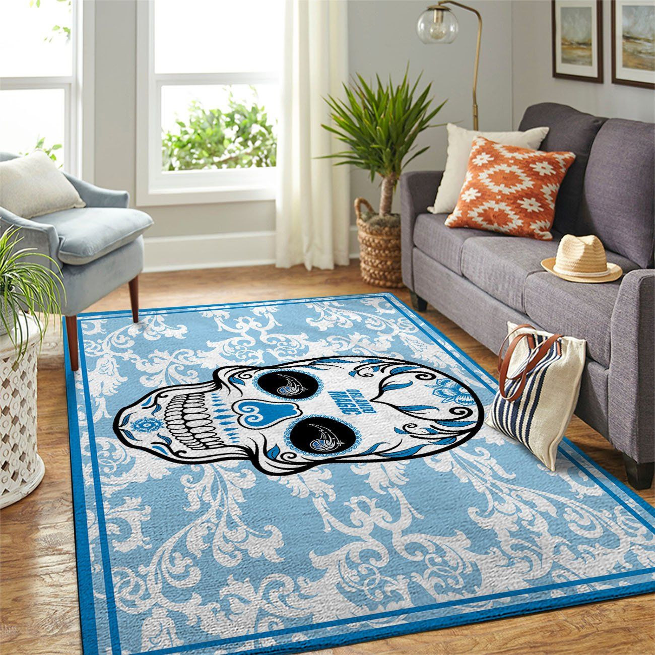 Orlando Magic Team Logo Skull Flower Rectangle Area Rug – Full Print Carpet For Living Room & Bedroom Home Decor