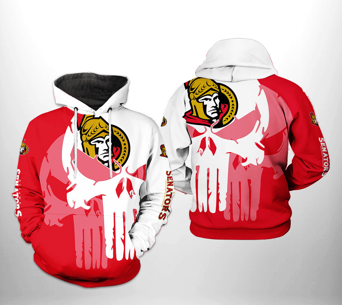Ottawa Senators NHL Team Skull 3D All Over Print Hoodie & Zip Hoodie